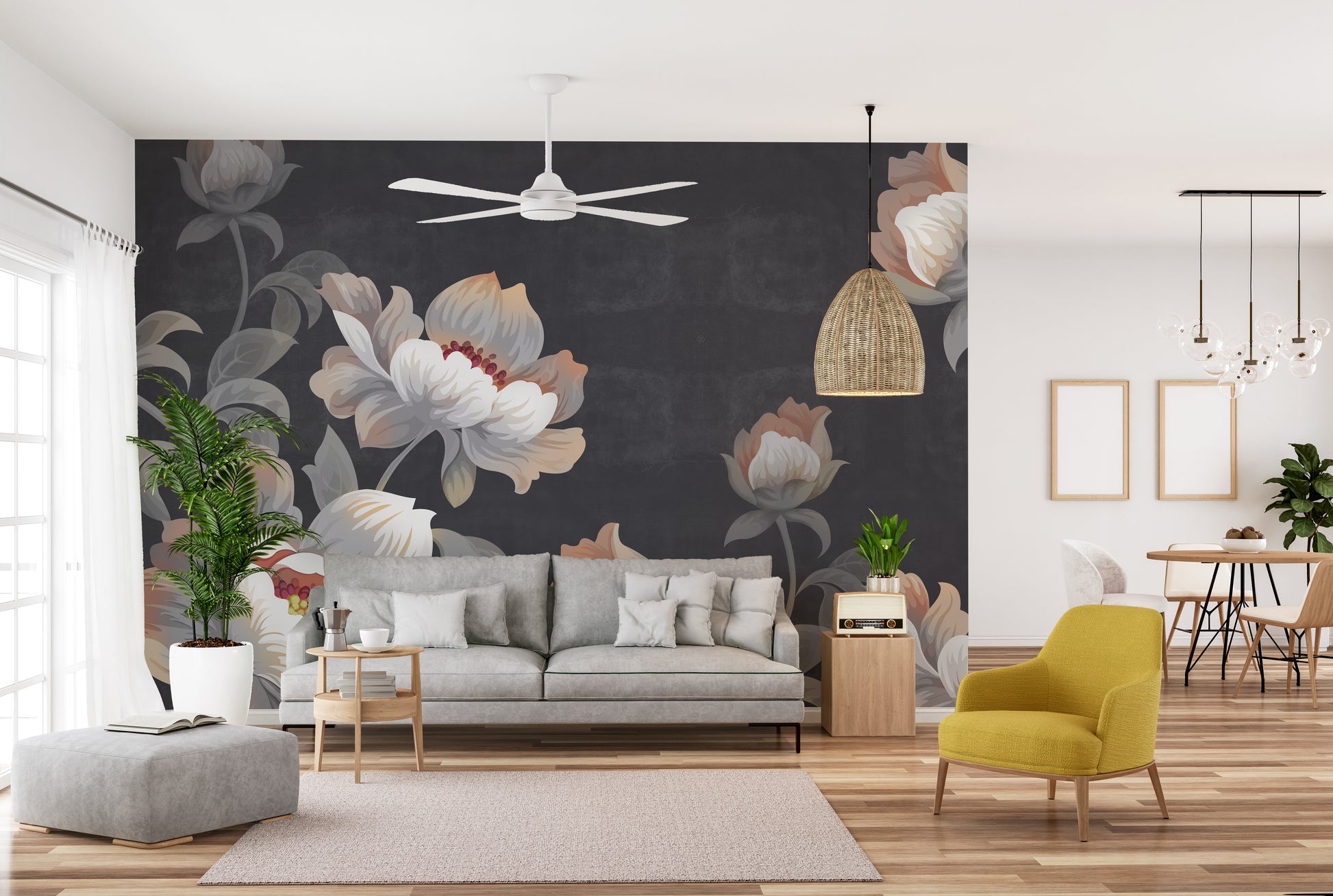 Artistic mural showcasing a sophisticated gray floral design.
