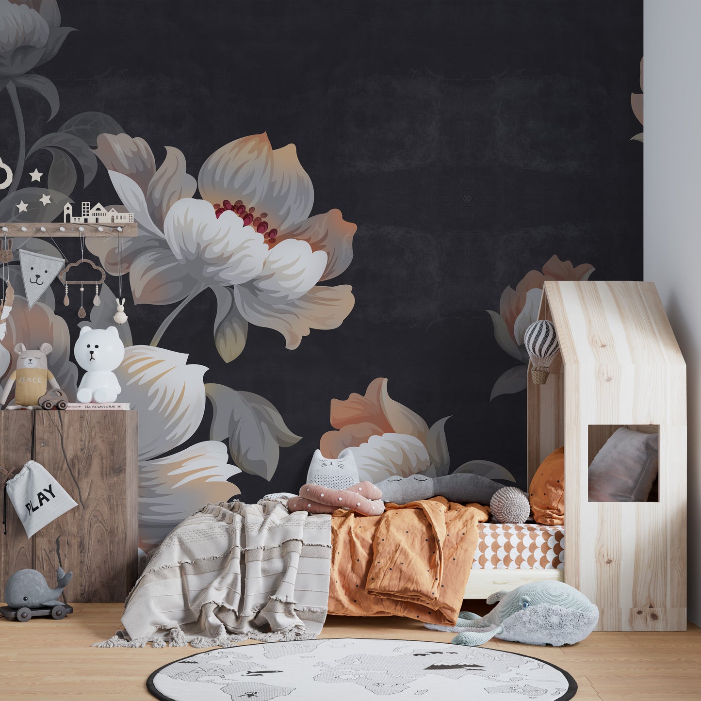 Gray flower oasis wall mural creating a tranquil ambiance.
