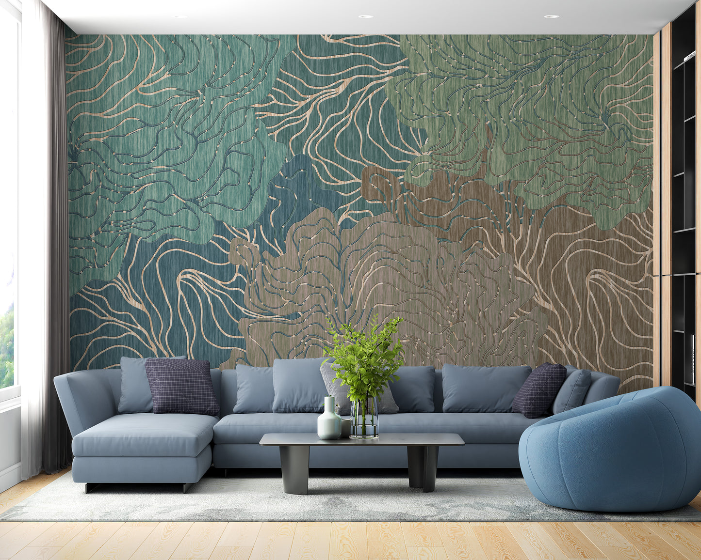 Wavy kaleidoscope wall mural for a vibrant and creative space.
