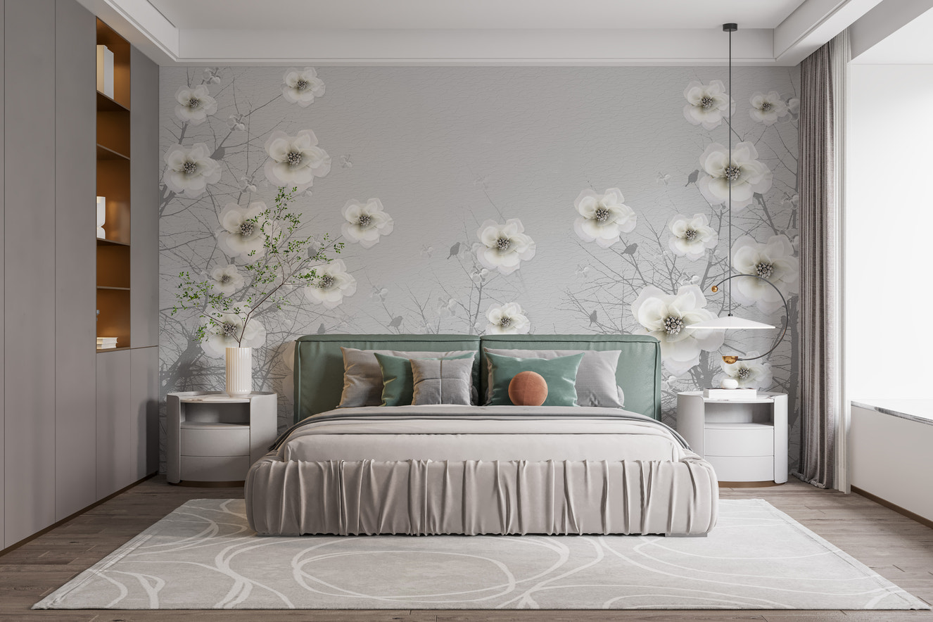 Elegant gray floral mural inspired by a sculpture garden.
