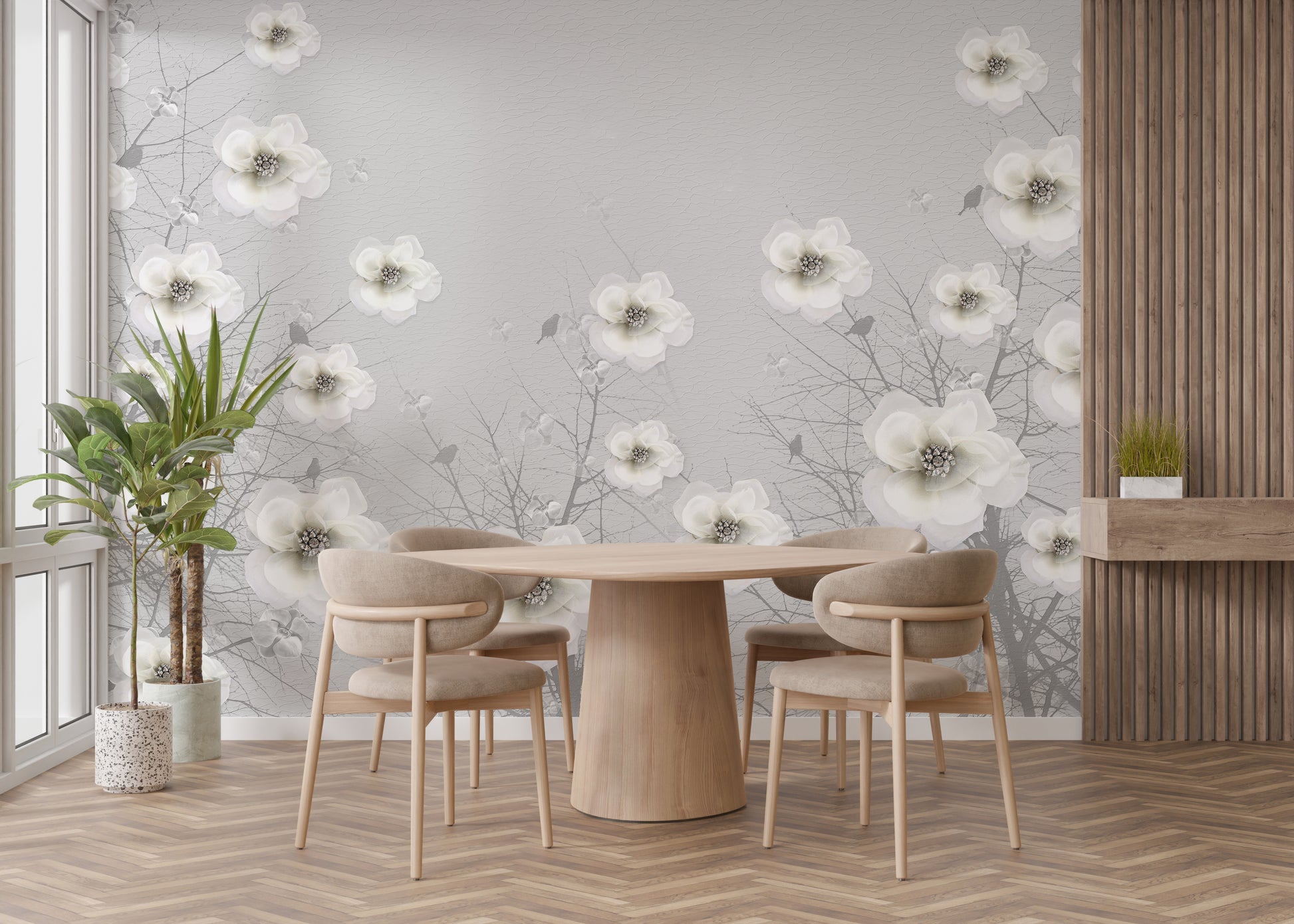 Subtle gray floral mural with a sculpture garden aesthetic.
