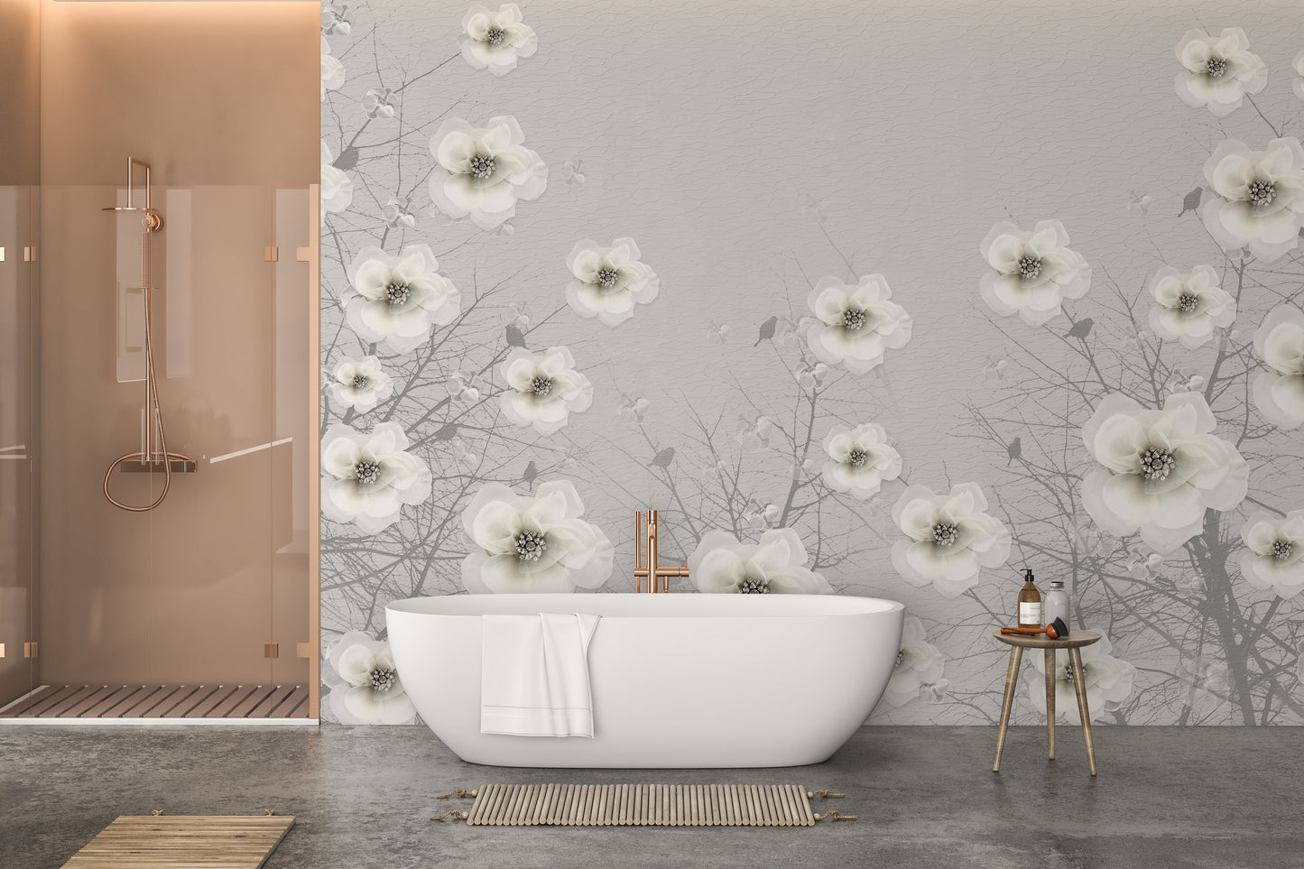 Floral sculpture garden mural in soft gray tones for chic decor.
