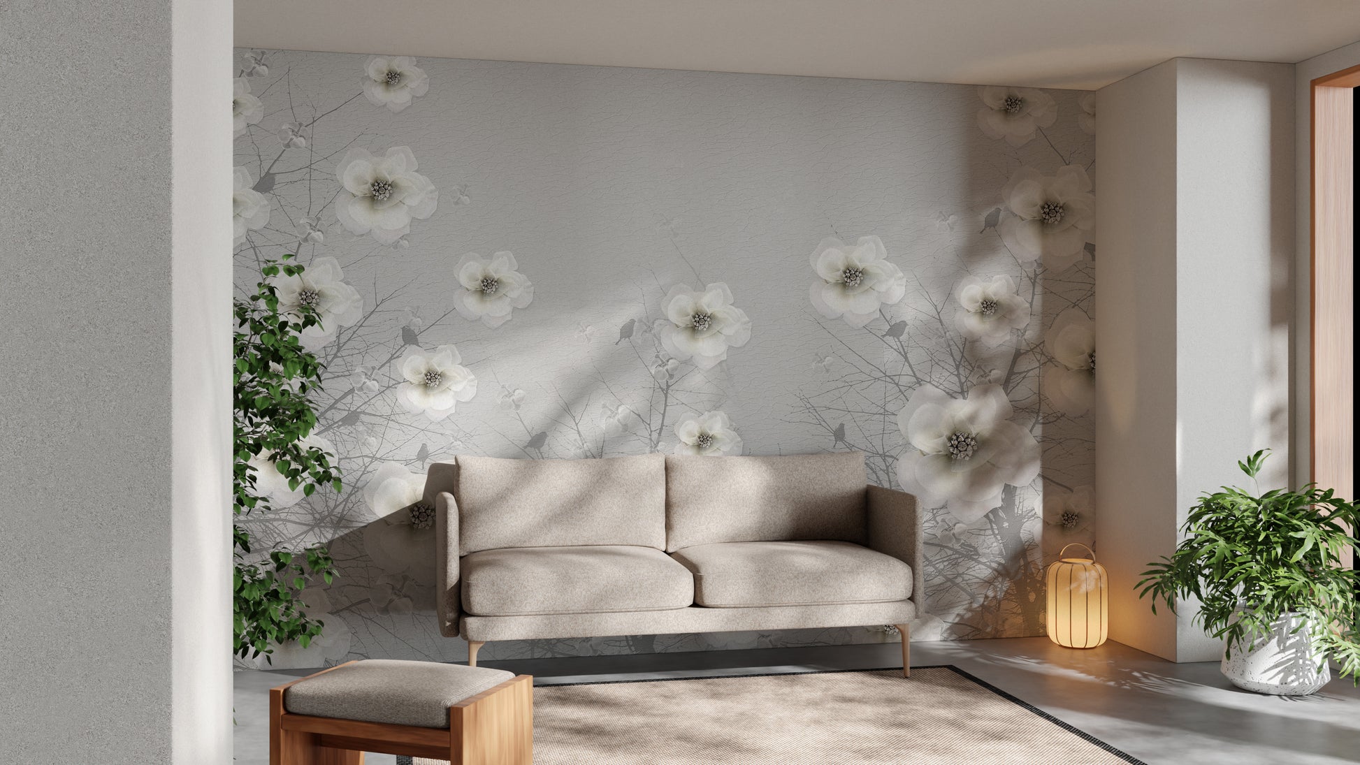 Artistic gray floral mural creating a serene garden ambiance.
