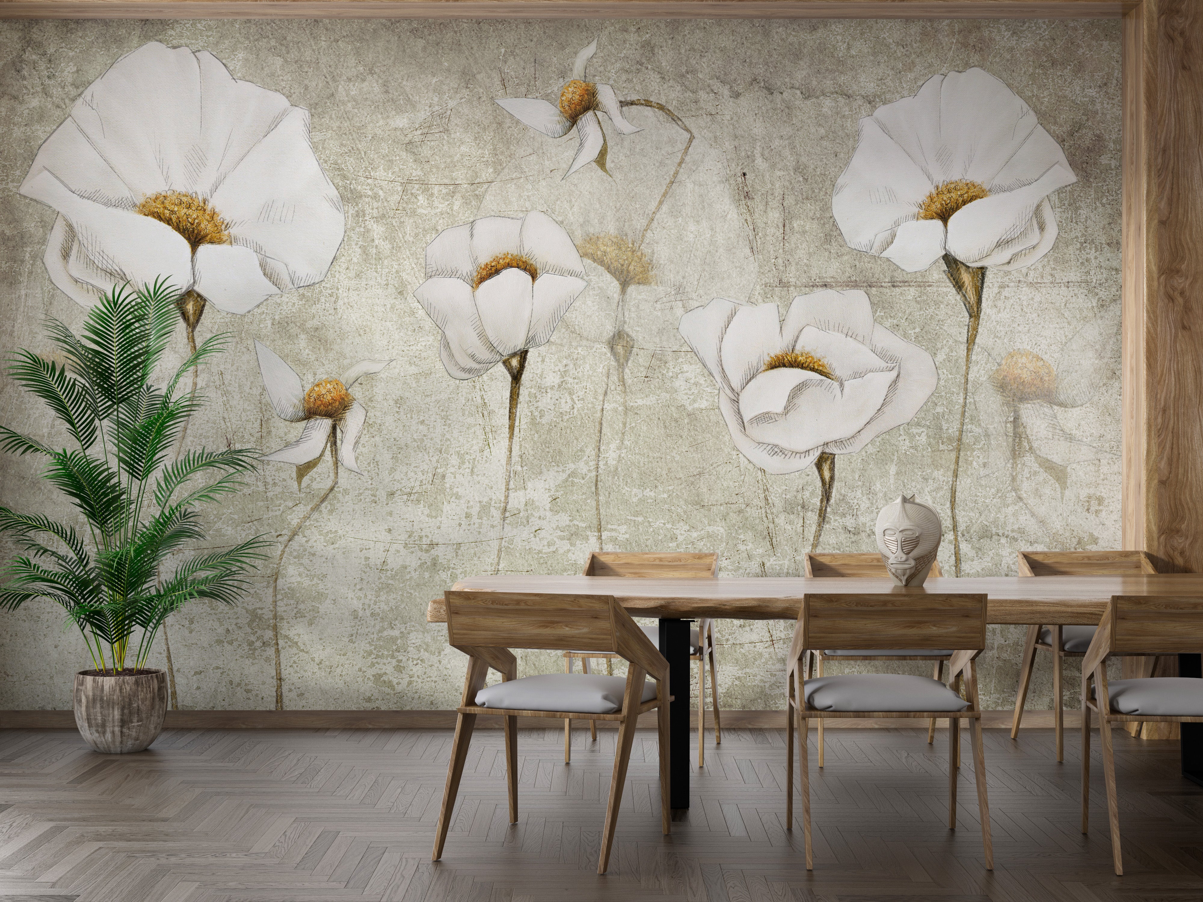 Worn white blossom mural perfect for chic and minimalist spaces.
