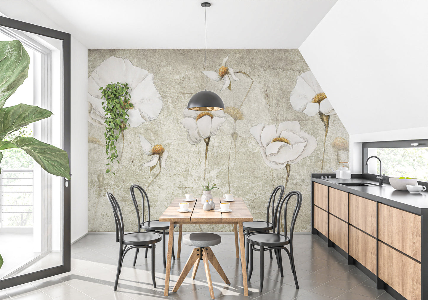 Tranquil wall mural with worn white floral patterns.
