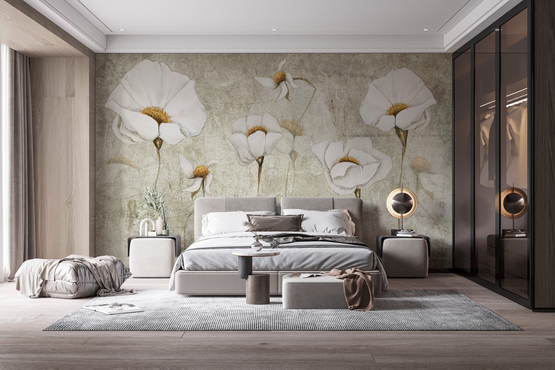 Elegant mural showcasing a worn white blossom oasis theme.
