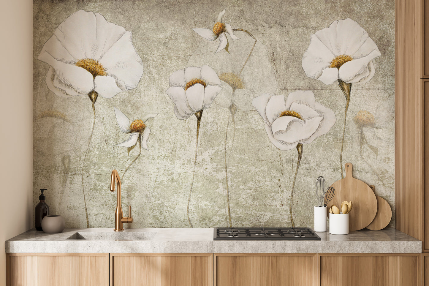 Blossom oasis mural in worn white tones for serene walls.
