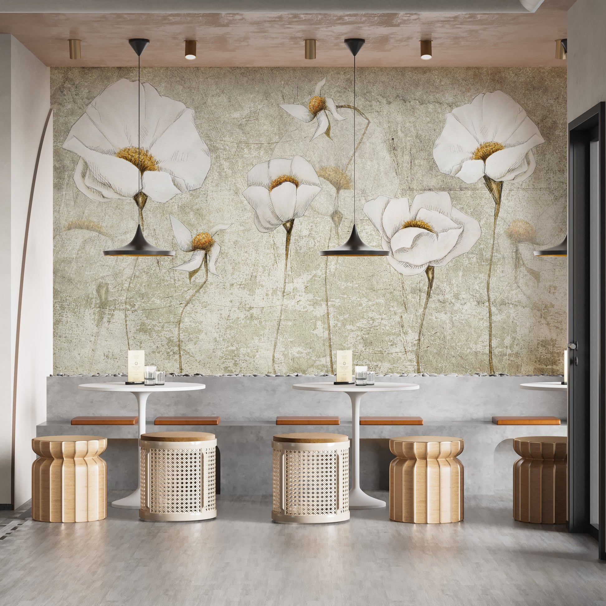 Subtle white floral mural with a worn and rustic aesthetic.