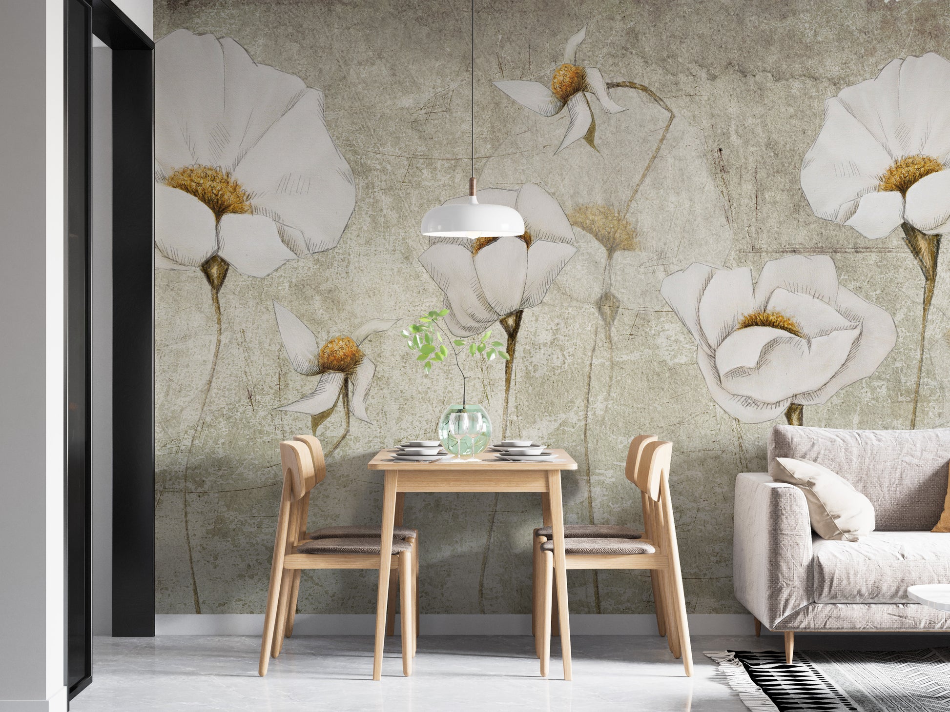 Worn white blossom mural adding charm to modern interiors.
