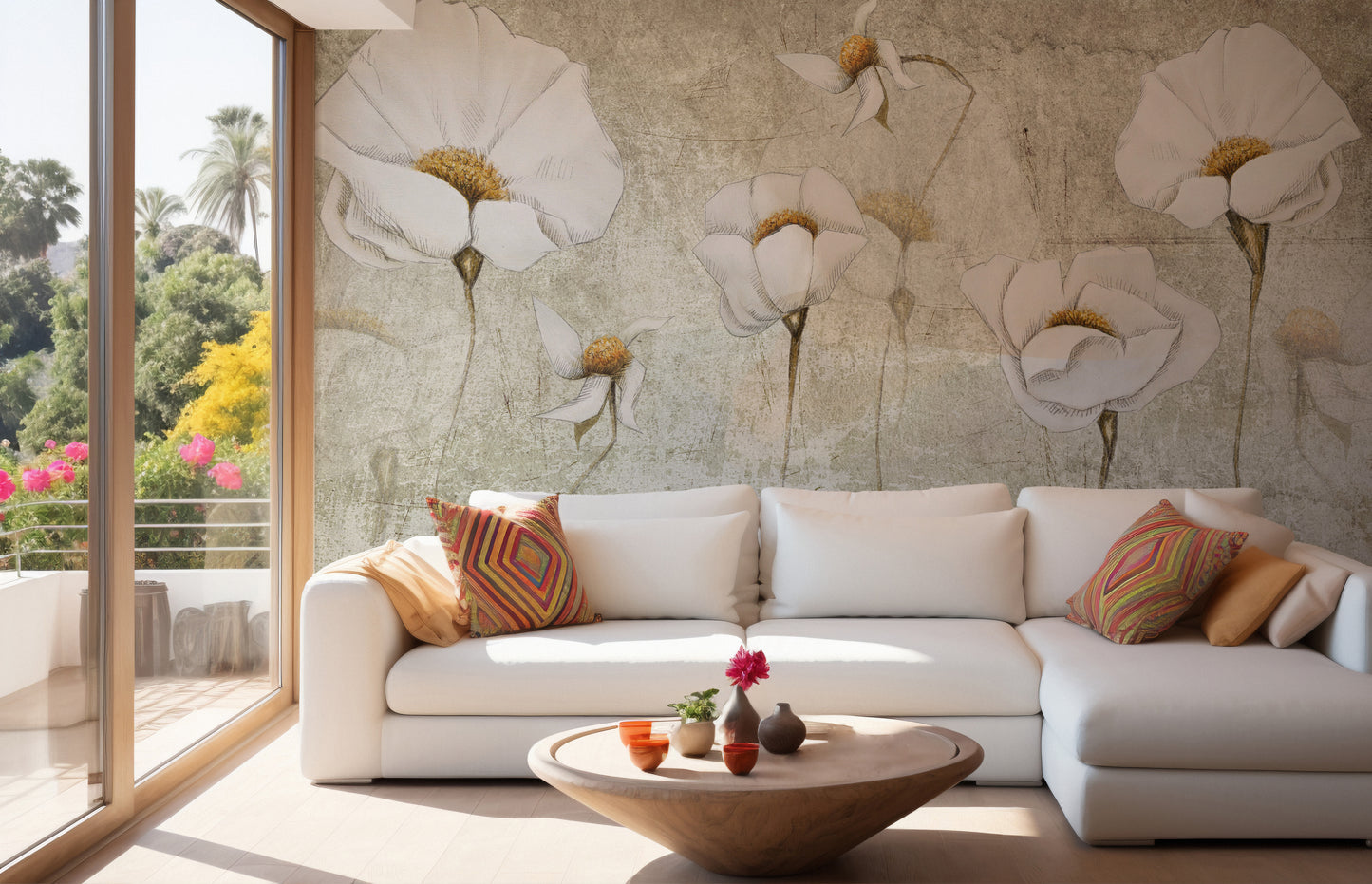 Sophisticated mural featuring a serene white blossom oasis.