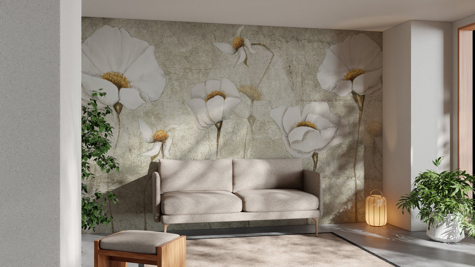 Artistic wall mural featuring delicate worn white blossoms.
