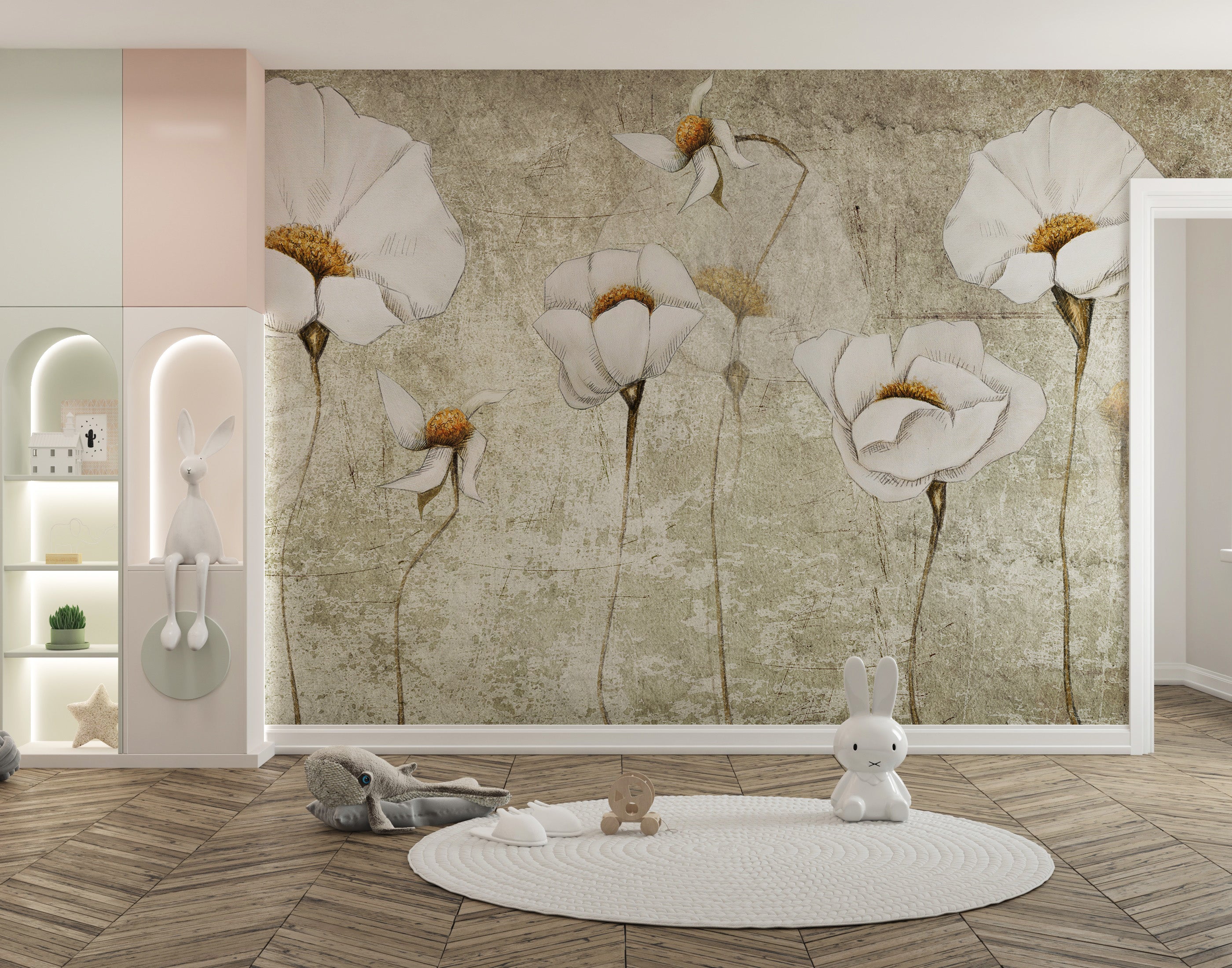 Serene worn white blossom mural for elegant wall decor.
