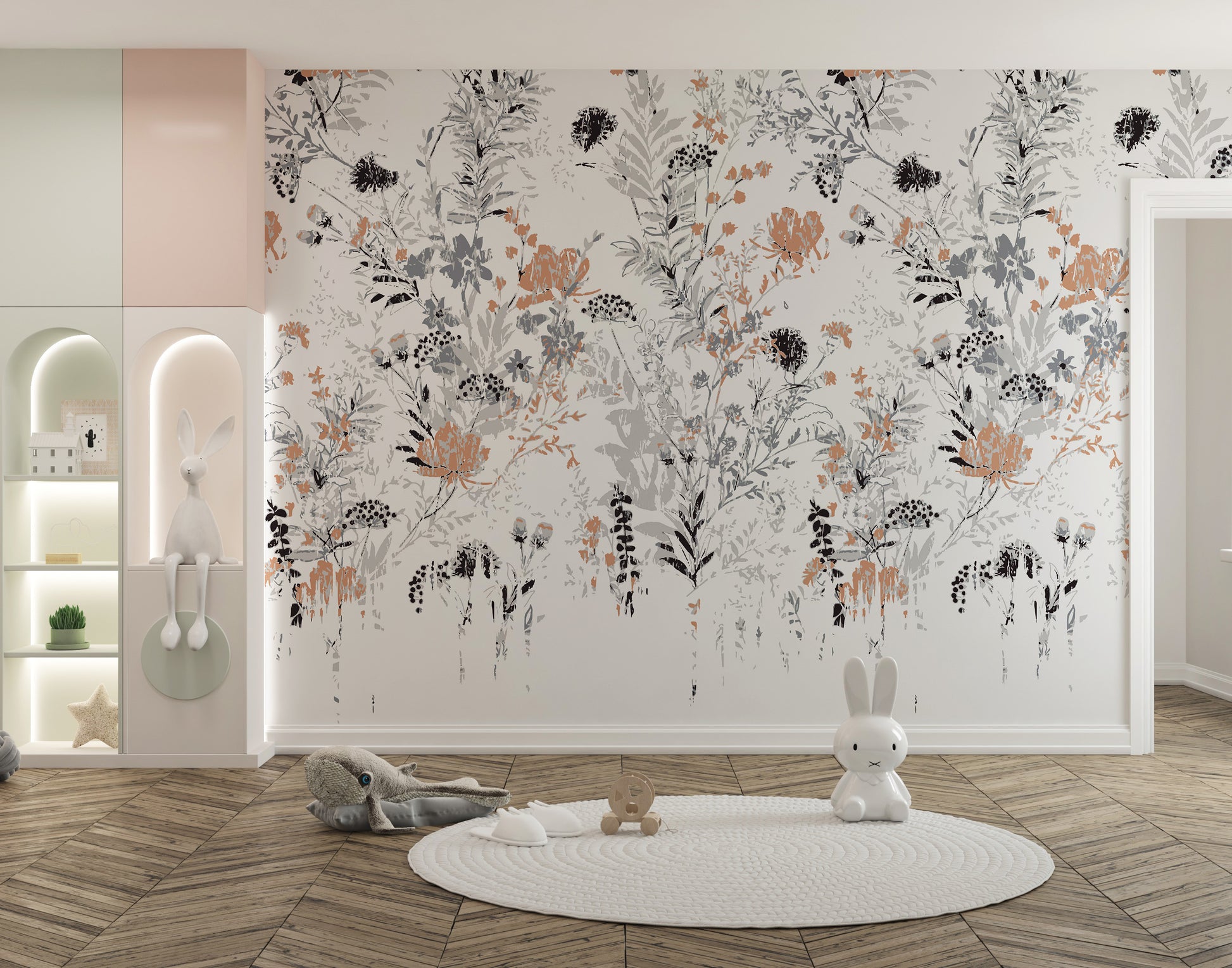 Artistic vintage leaf mural adding character to interiors.
