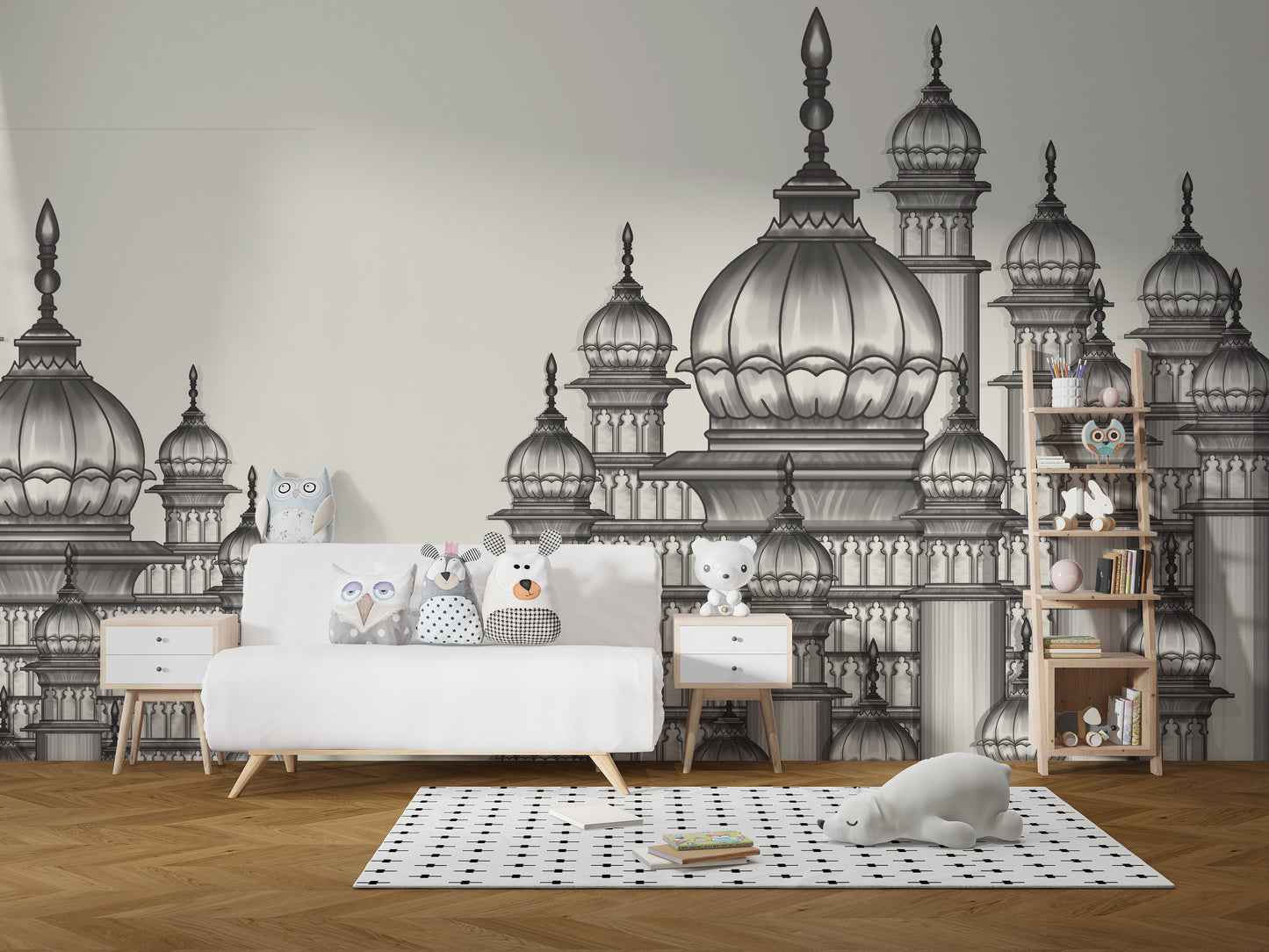 Luxurious Mughal-inspired mural with ornate decorative elements.
