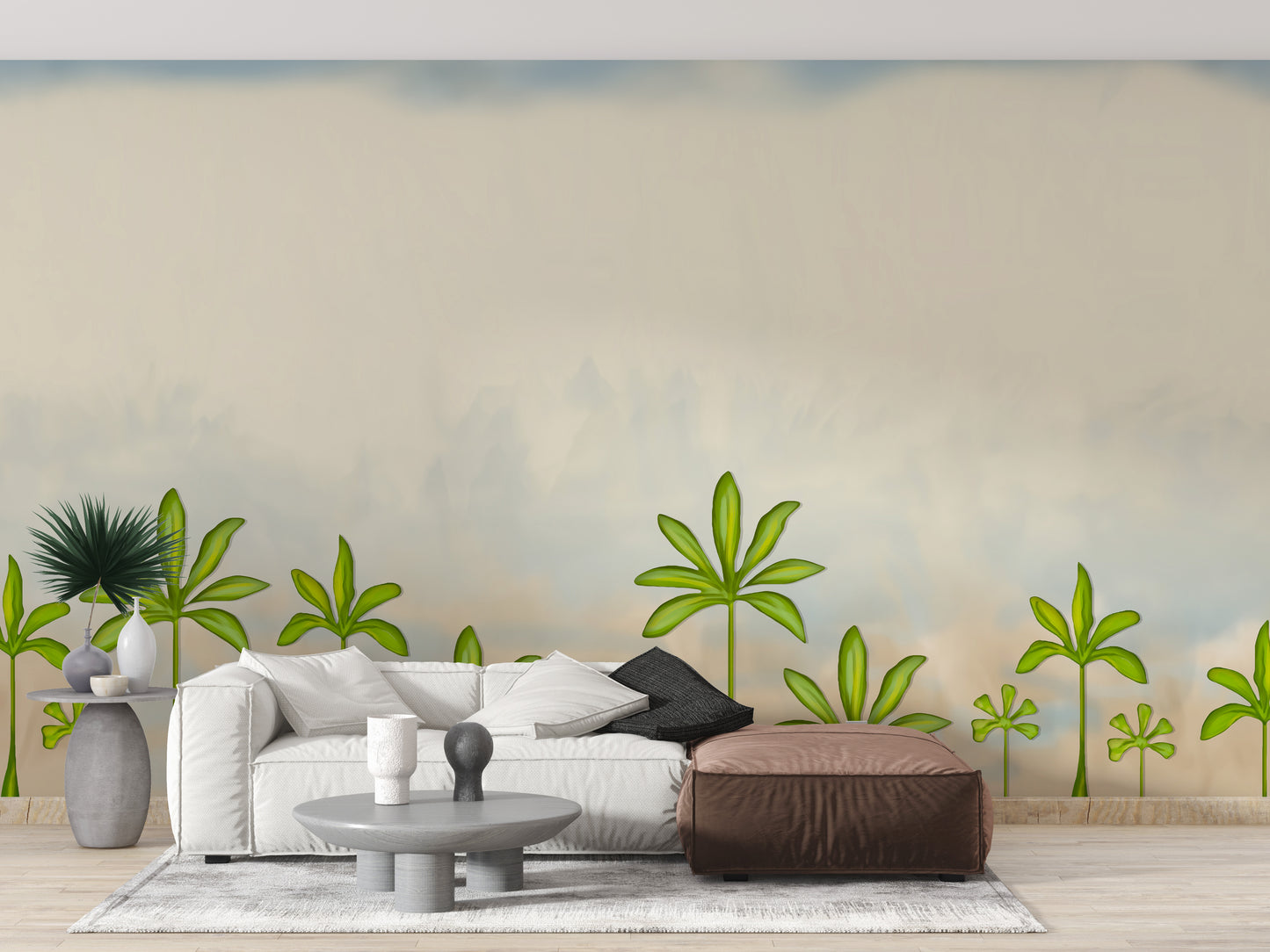 Elegant mural featuring oil-painted trees against a misty backdrop.
