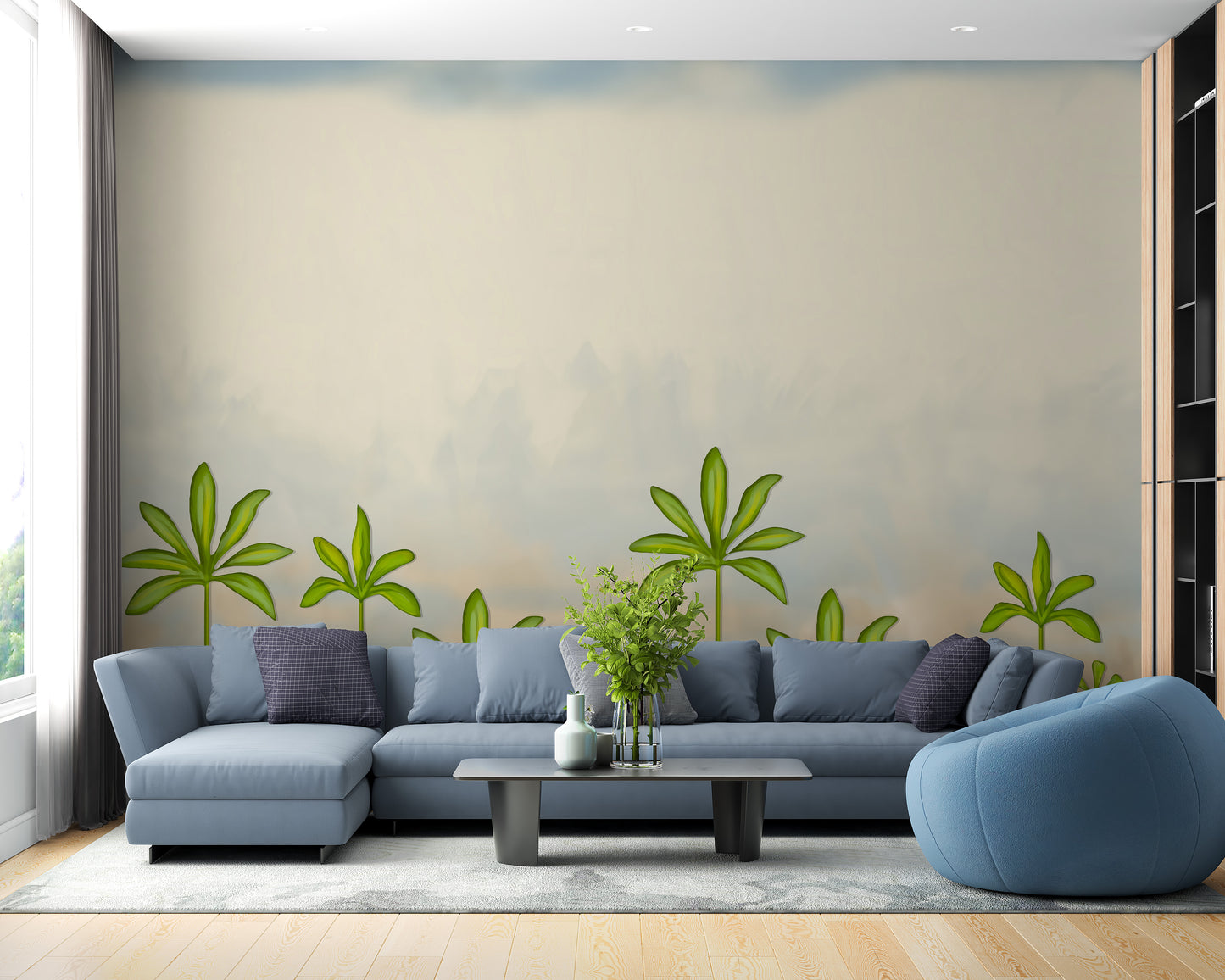 Artistic oil-painted trees mural with a smoky background effect.
