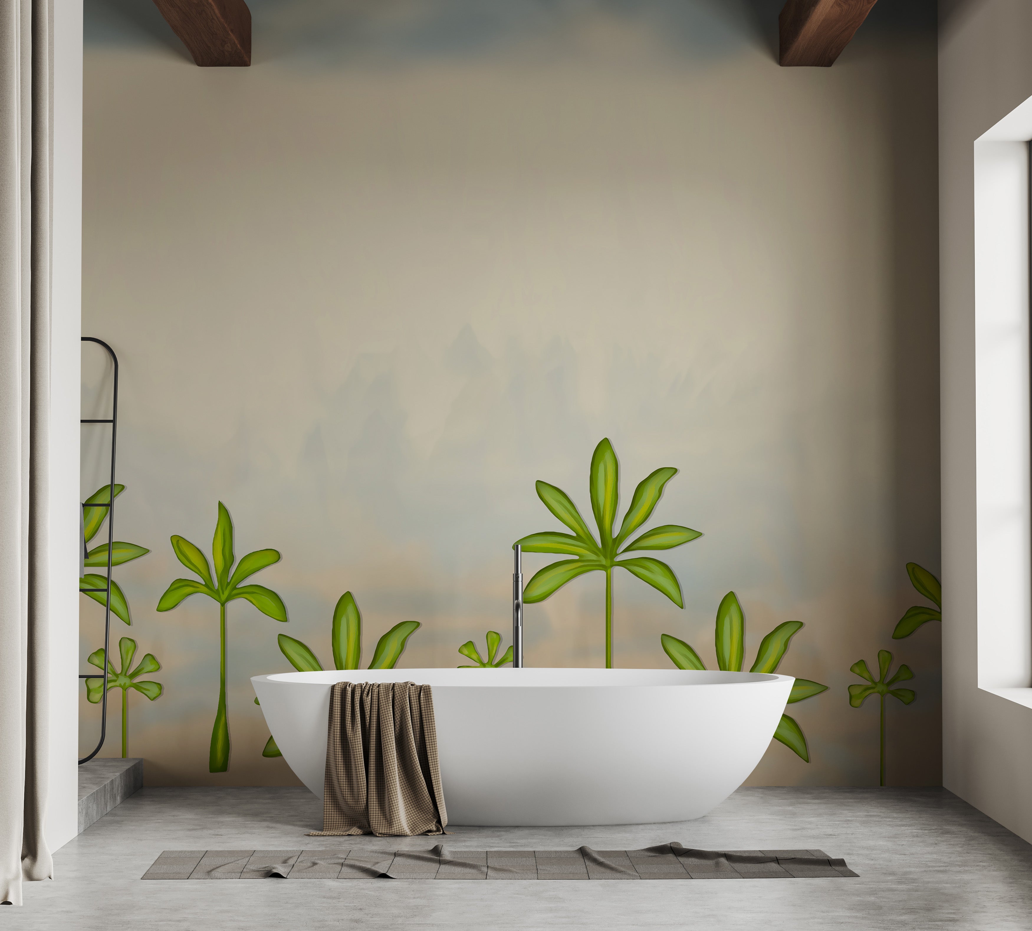 Elegant smoky background mural featuring hand-painted trees.
