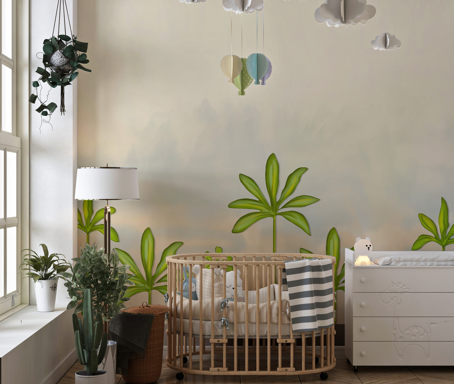 Stunning wall mural with trees and a soft smoky background.
