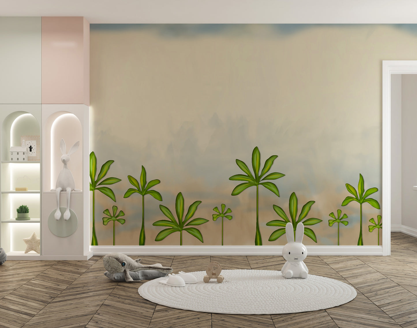 Smoky background mural with beautifully painted tree designs.
