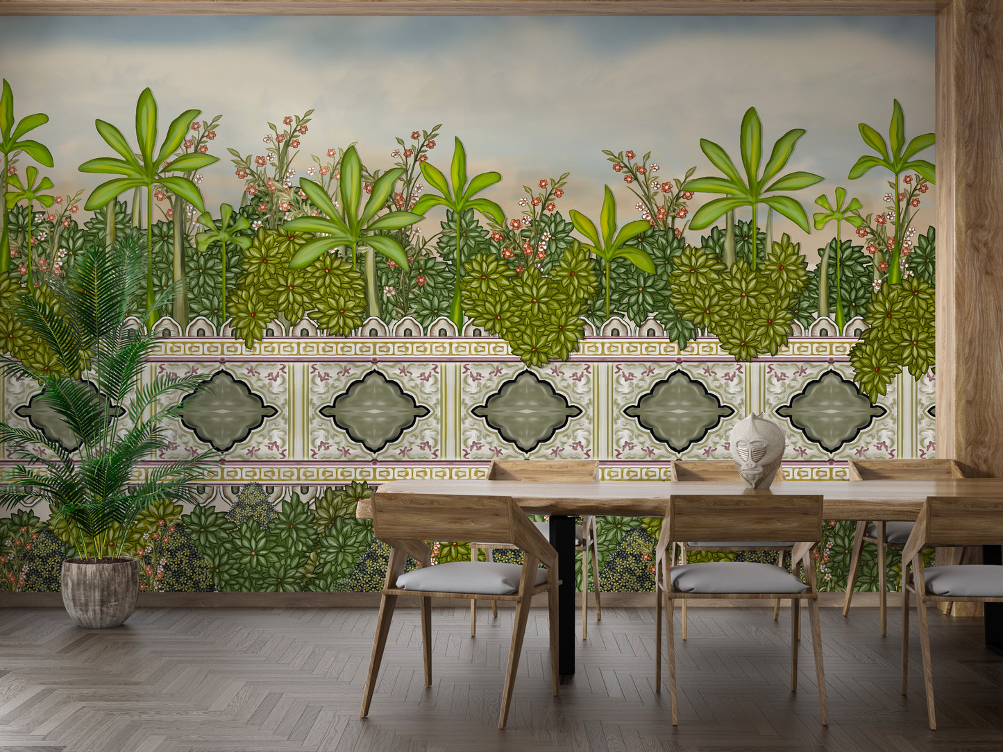 Luxurious palm oasis mural with a royal-inspired design.
