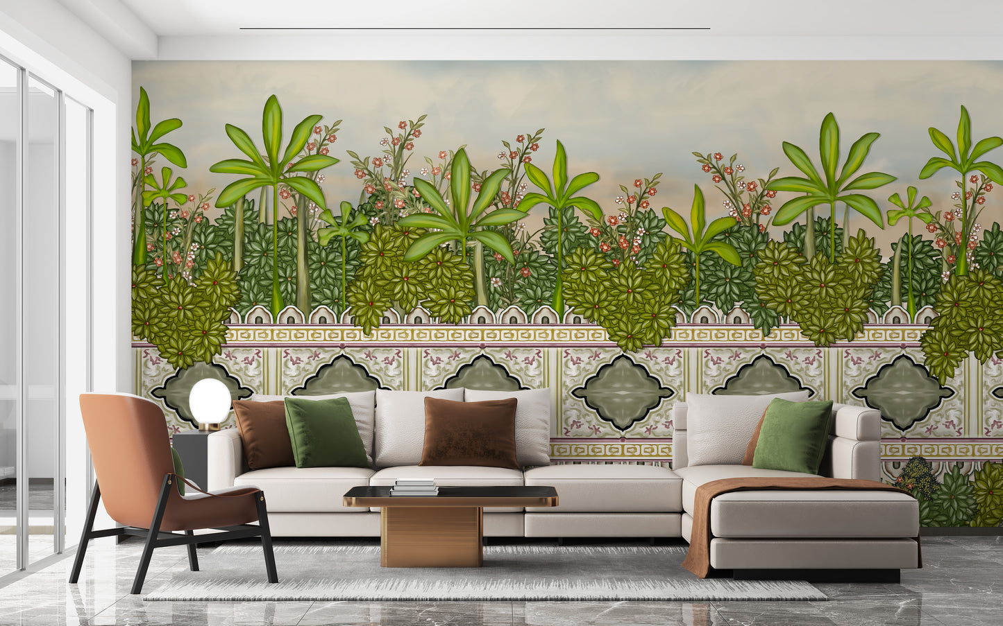 Artistic mural blending palm oasis beauty with royal elegance.