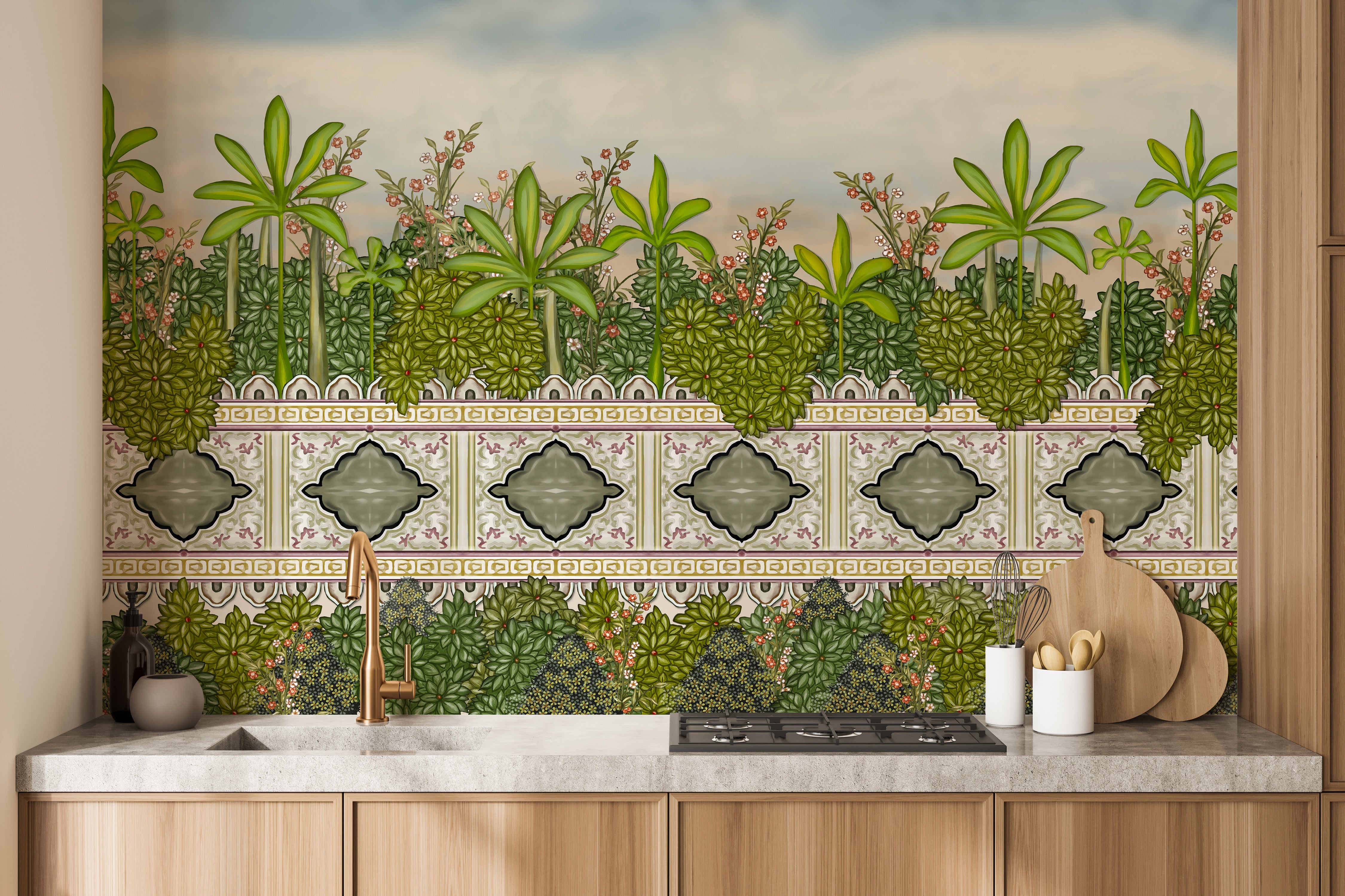 Royal-inspired mural with graceful palm oasis details.