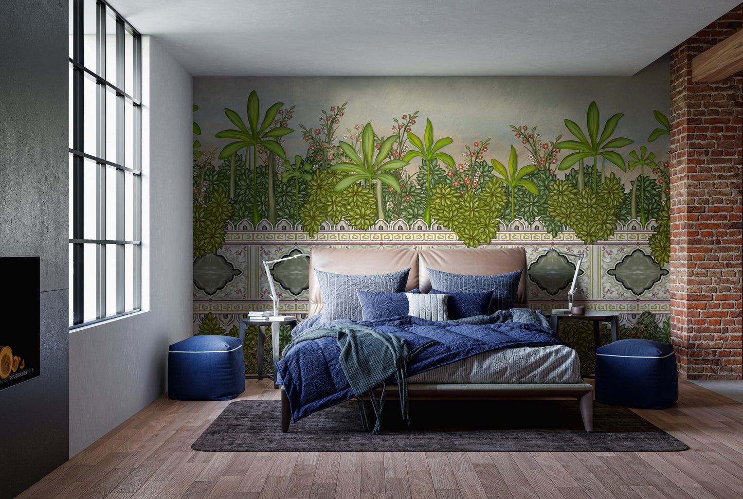 Elegant palm mural with rich, royal-themed elements.
