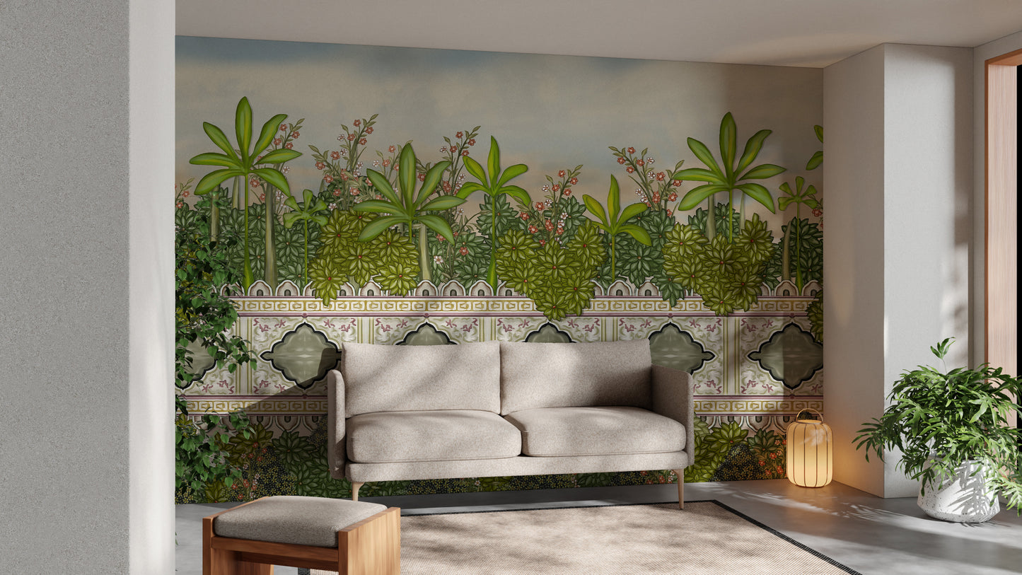 Artistic mural featuring a palm oasis in a royal setting.
