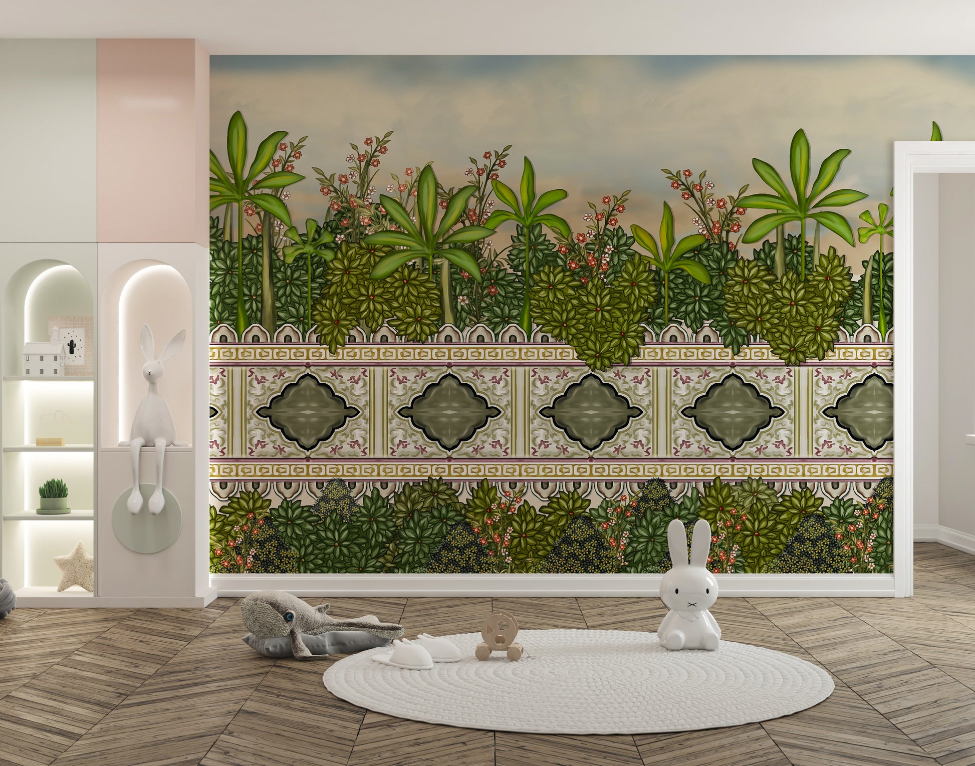 Palm oasis wall mural creating a serene, regal ambiance.
