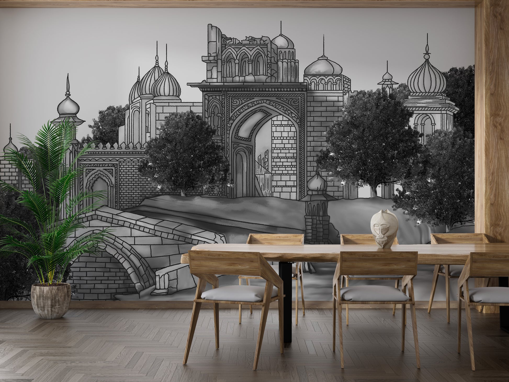 Mughal-inspired mural capturing the charm of royal dwellings.
