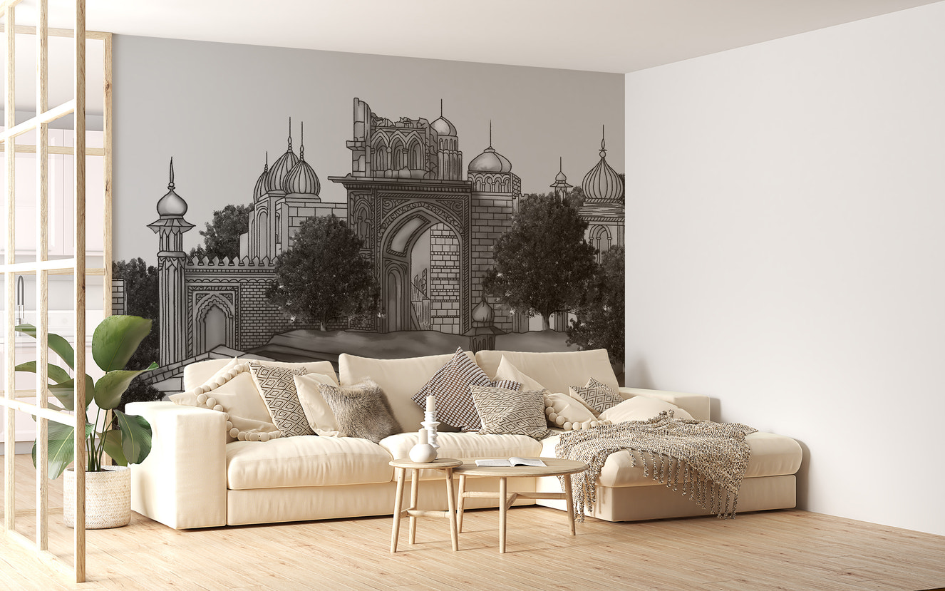 Regal Mughal dwelling mural showcasing intricate architectural art.
