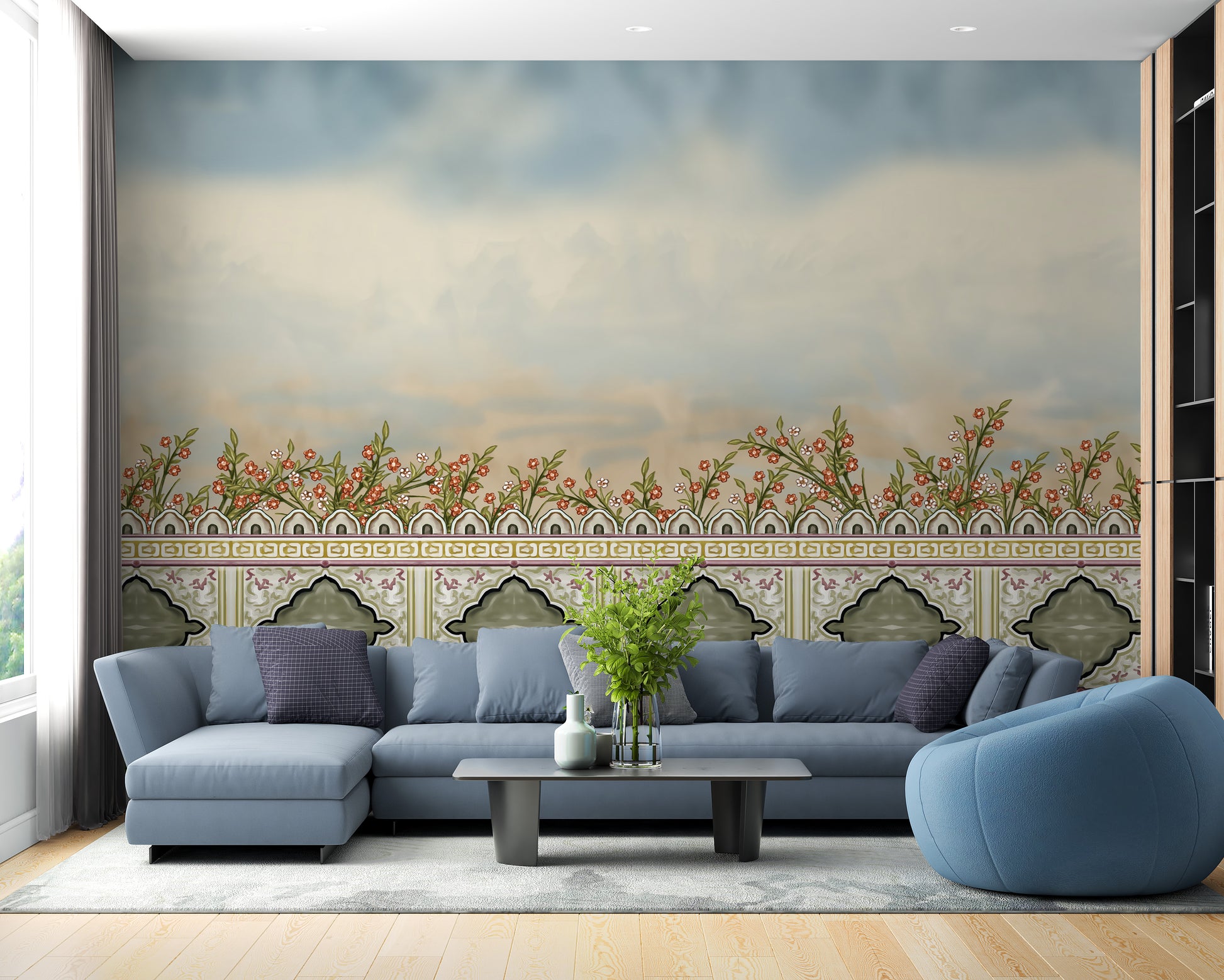 Elegant Mughal garden wall mural with divider feature.
