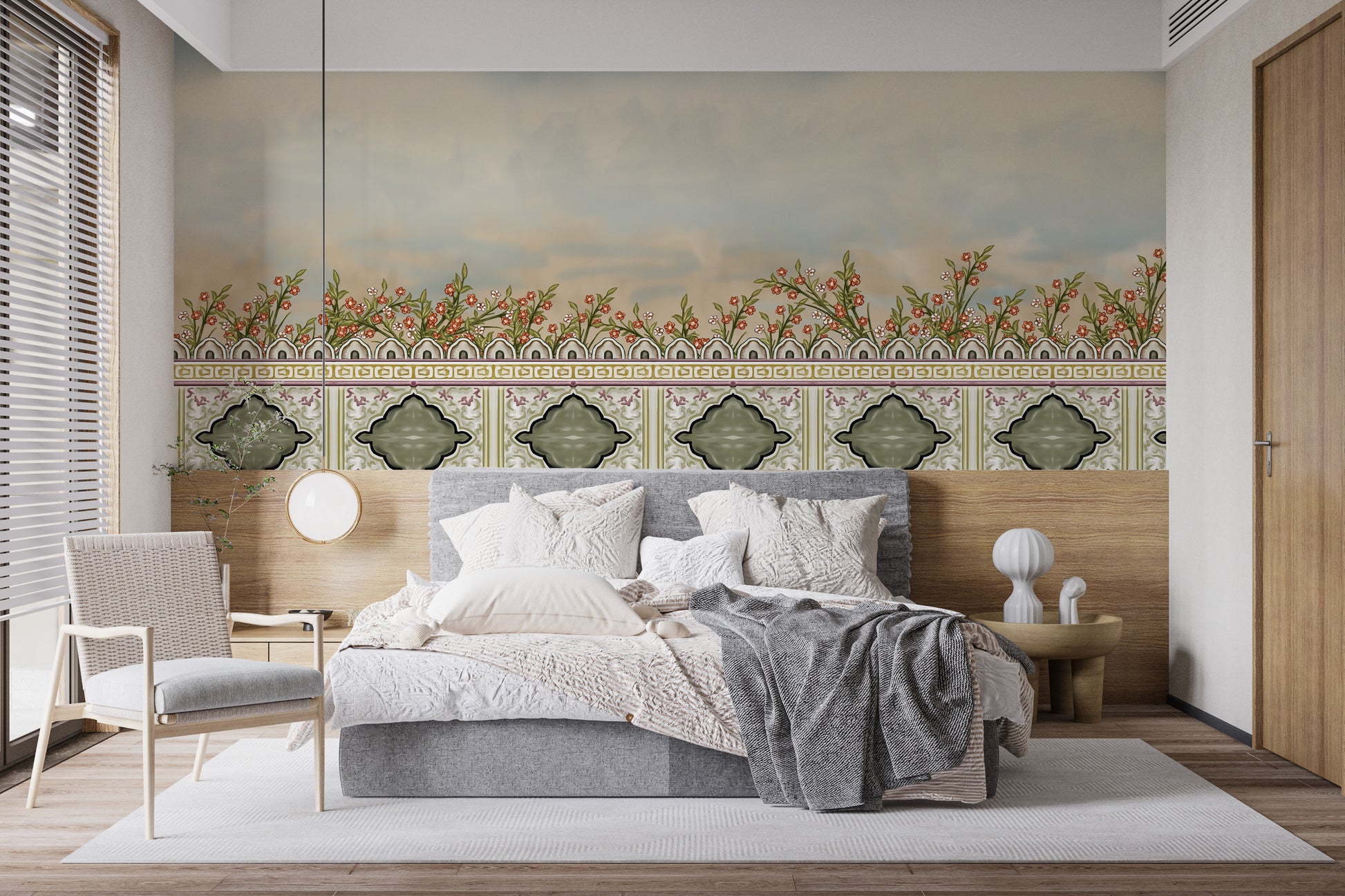 Mughal garden design on serene wall divider mural.
