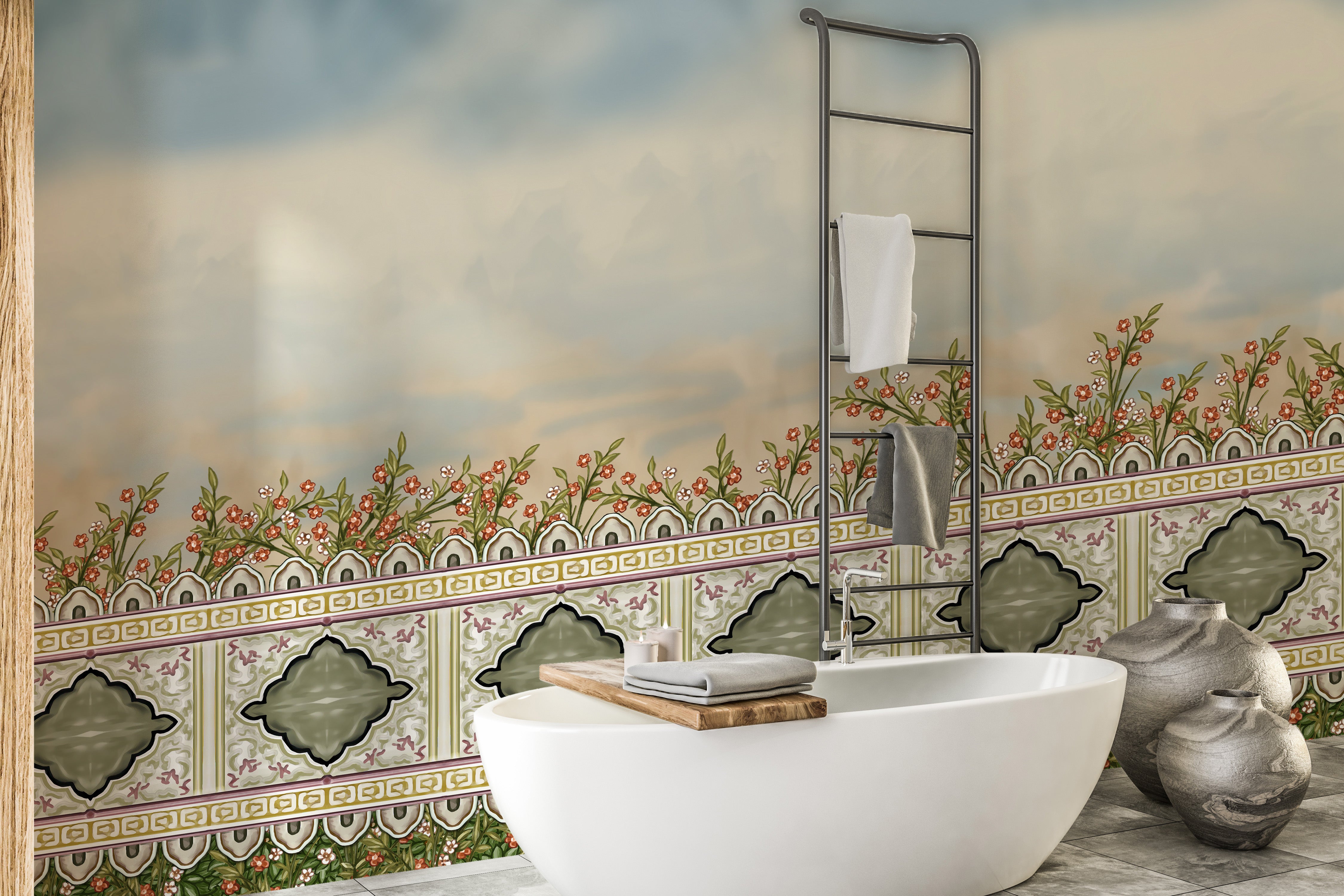 Mughal garden-inspired divider wall mural for elegance.