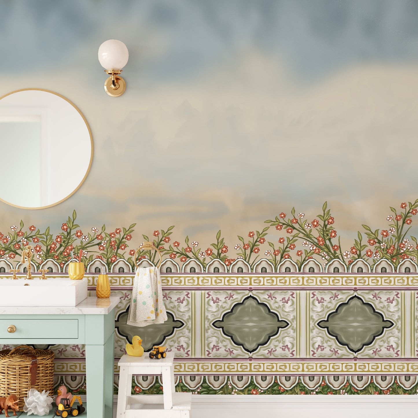 Serene Mughal garden floral wall mural for decor.
