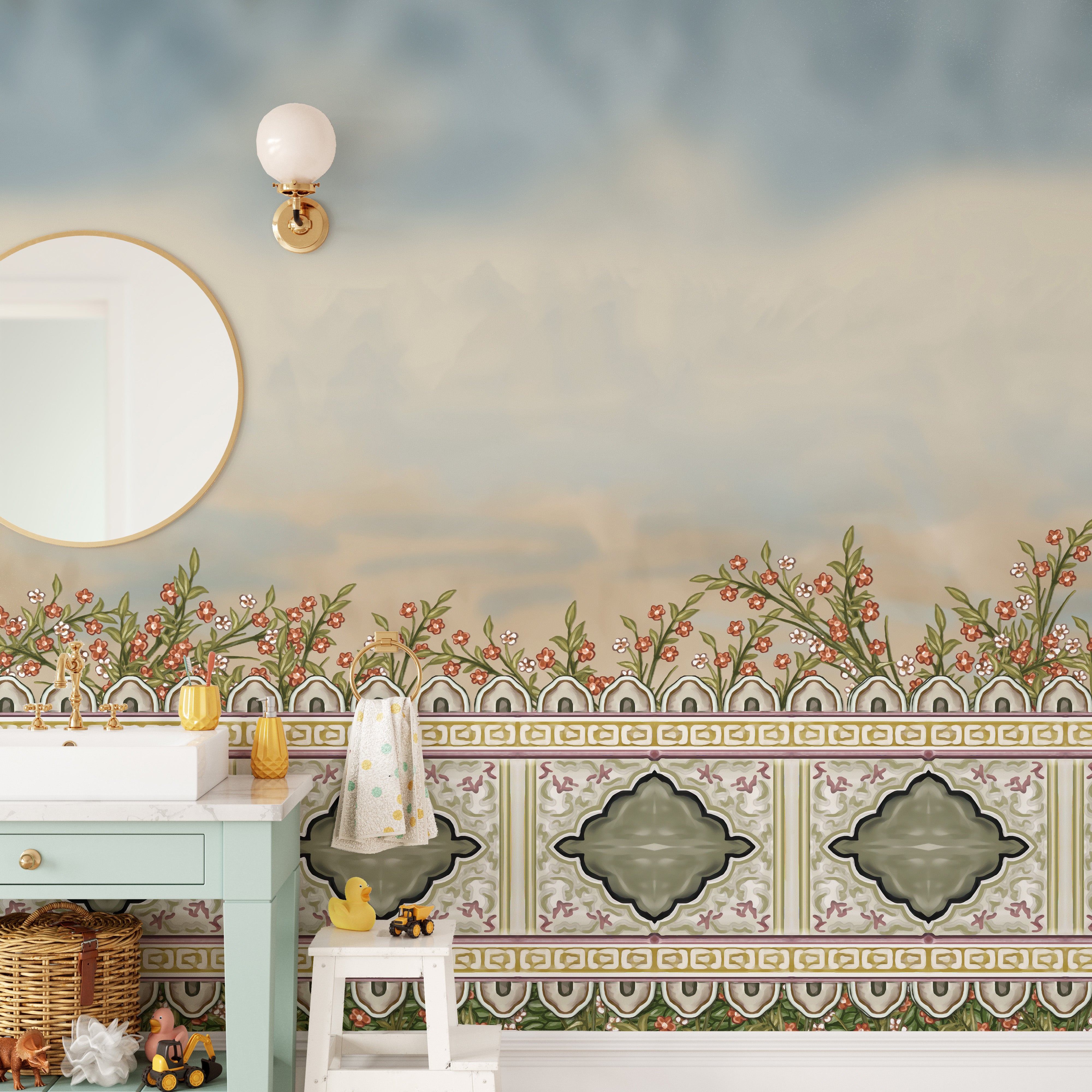 Serene Mughal garden floral wall mural for decor.
