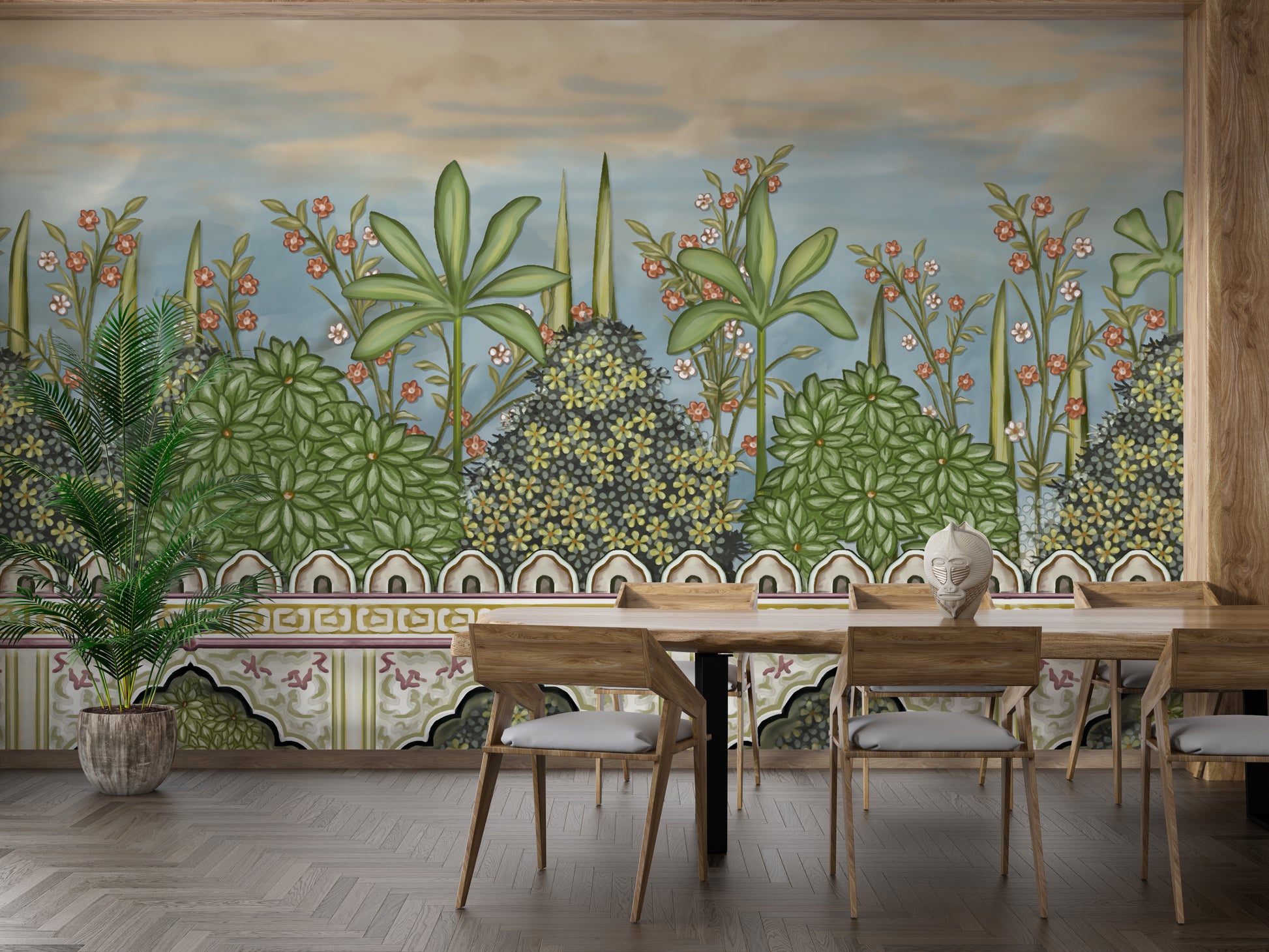 Mughal garden-inspired mural with intricate artistic patterns.
