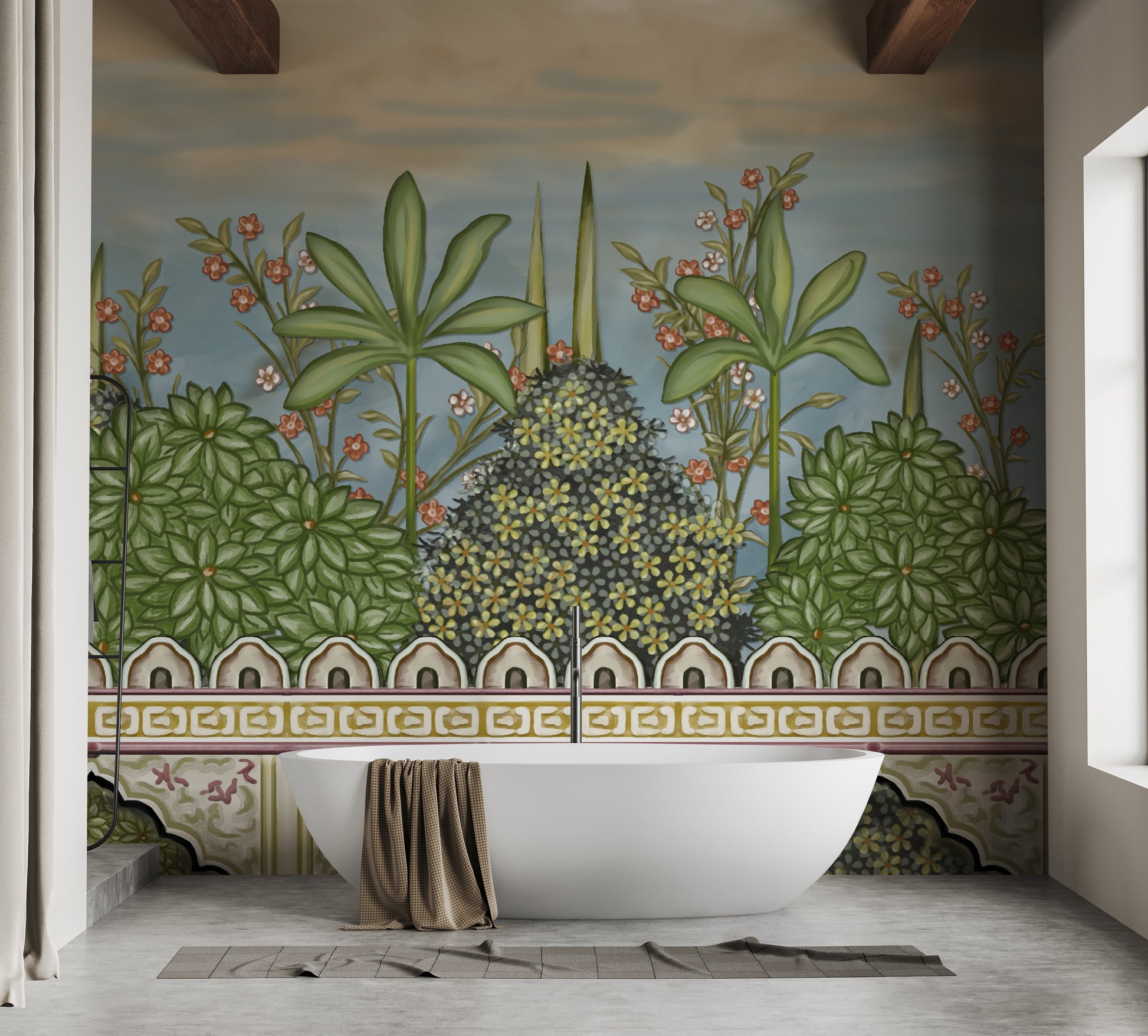 Mughal-inspired garden mural with artistic floral elements.
