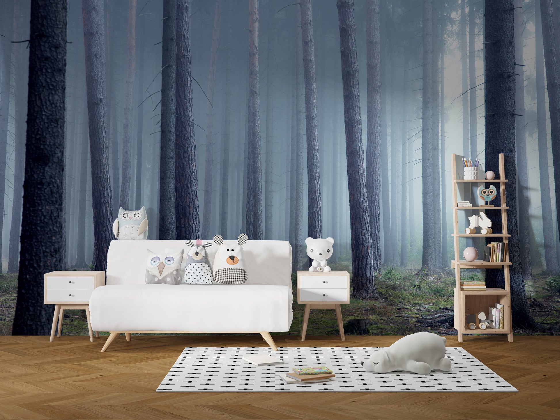 Mysterious misty forest wall mural for nature-inspired decor.



