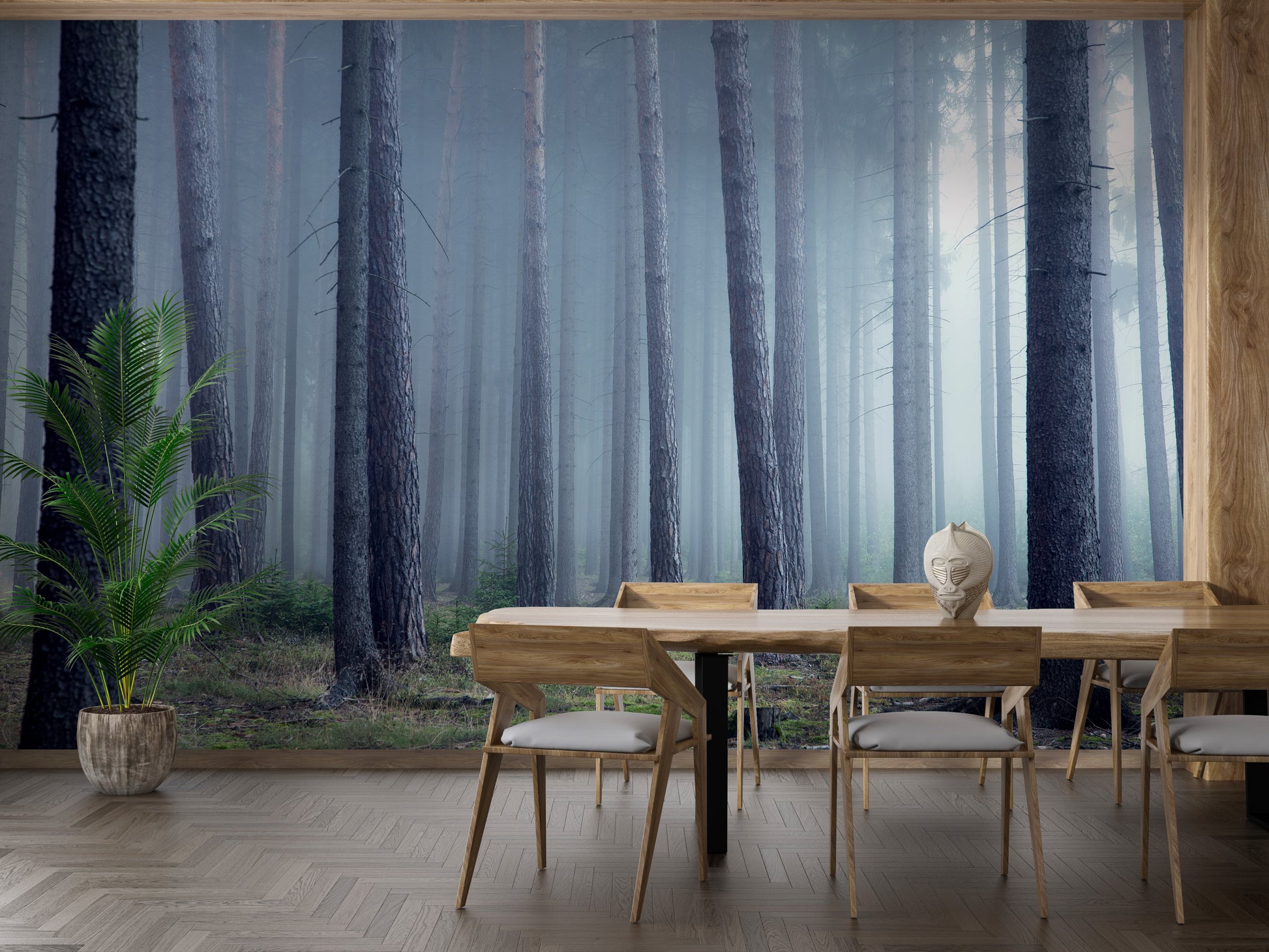 Foggy woodland mural with a mysterious forest landscape.
