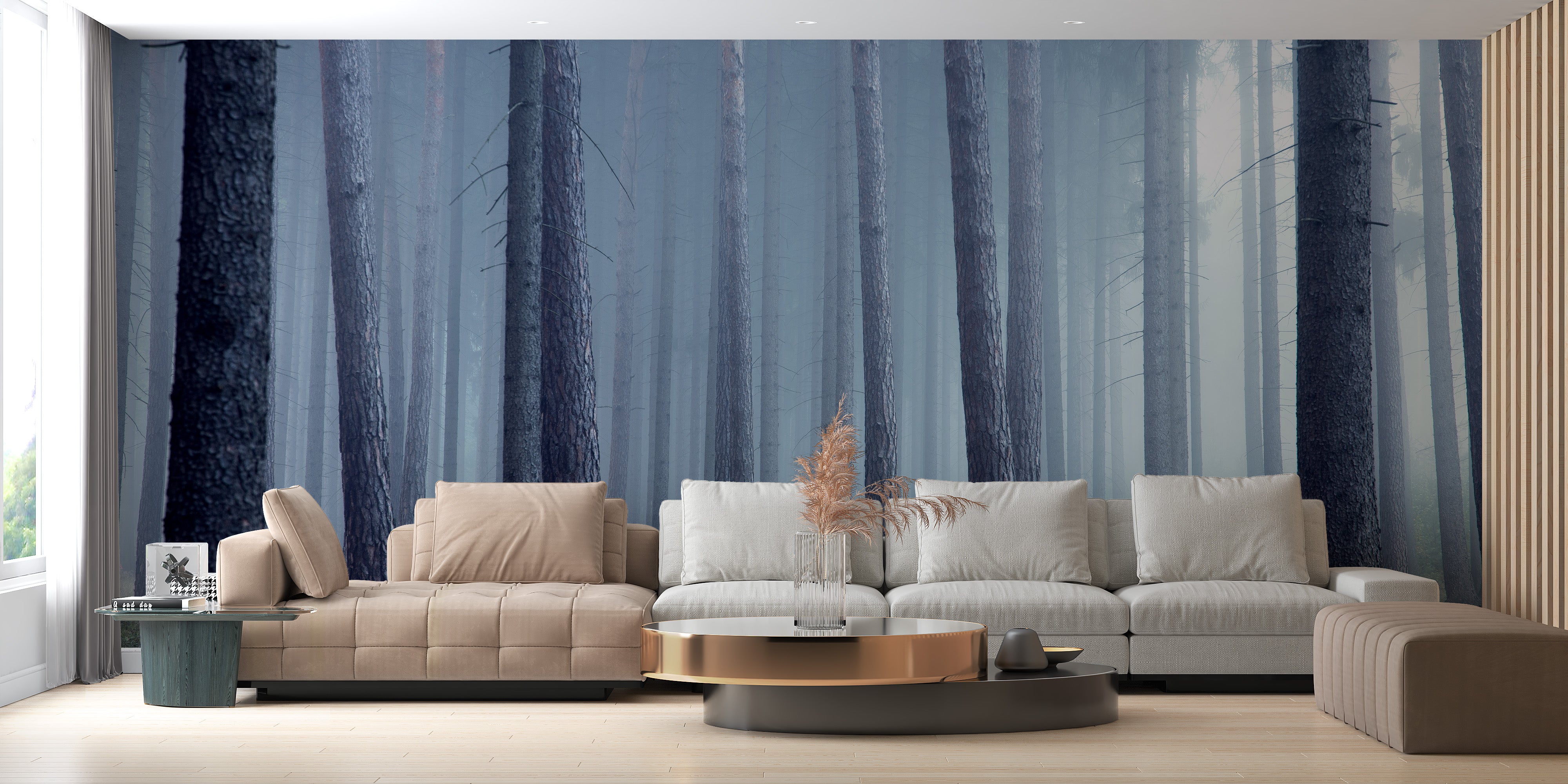 Mysterious misty forest wallpaper mural for tranquil vibes.
