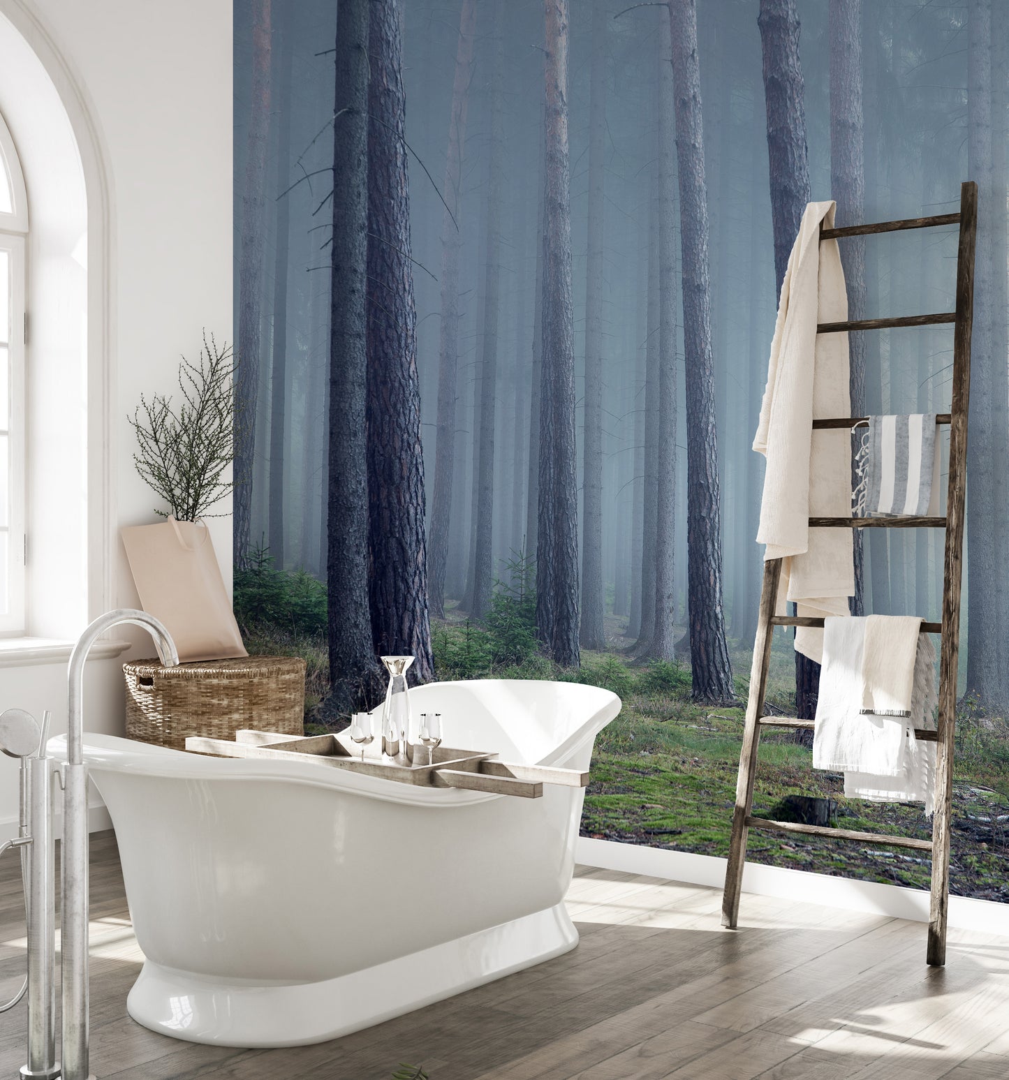 Misty forest wall mural featuring enchanting foggy trees.
