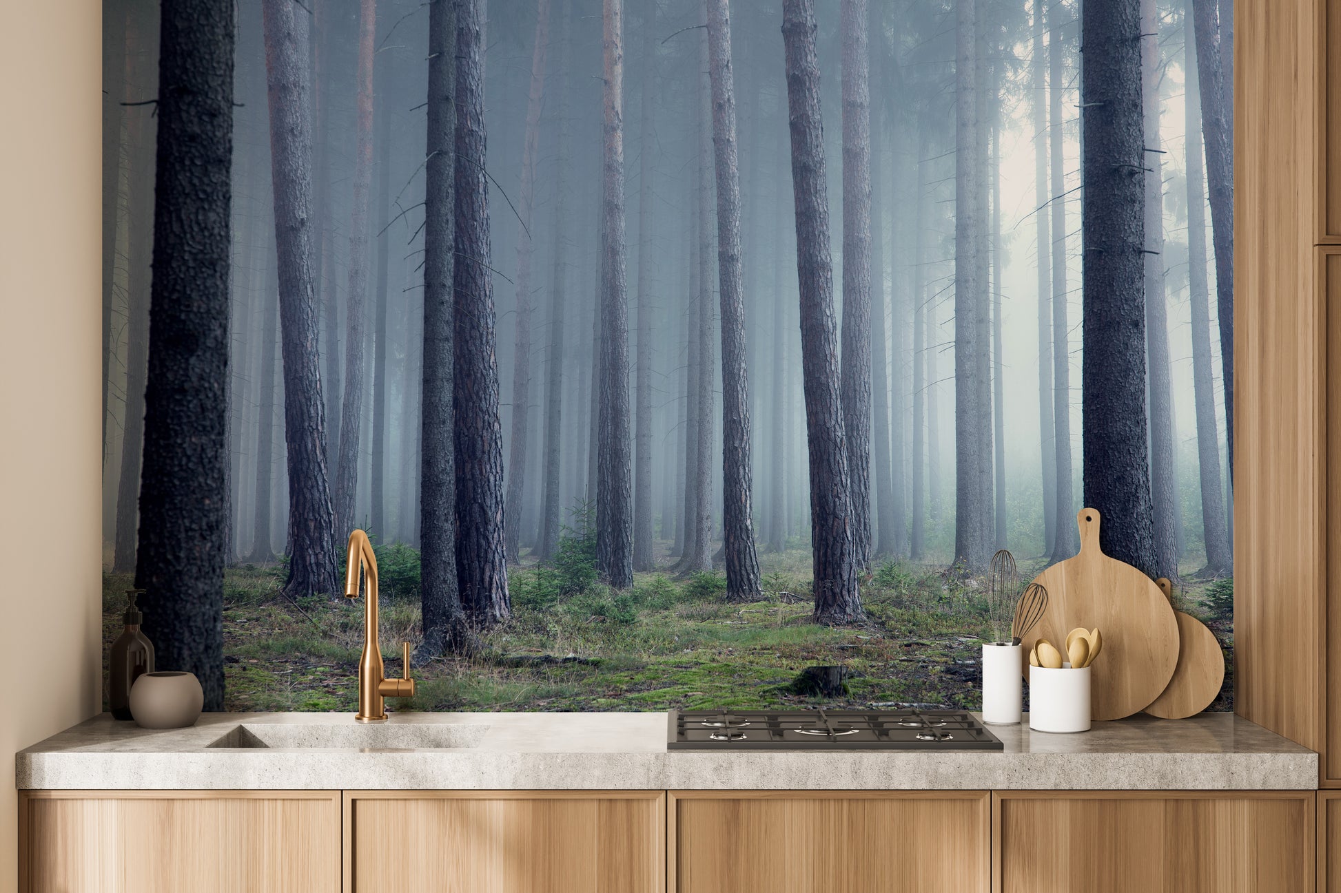 Mysterious forest wallpaper mural with misty ambiance.
