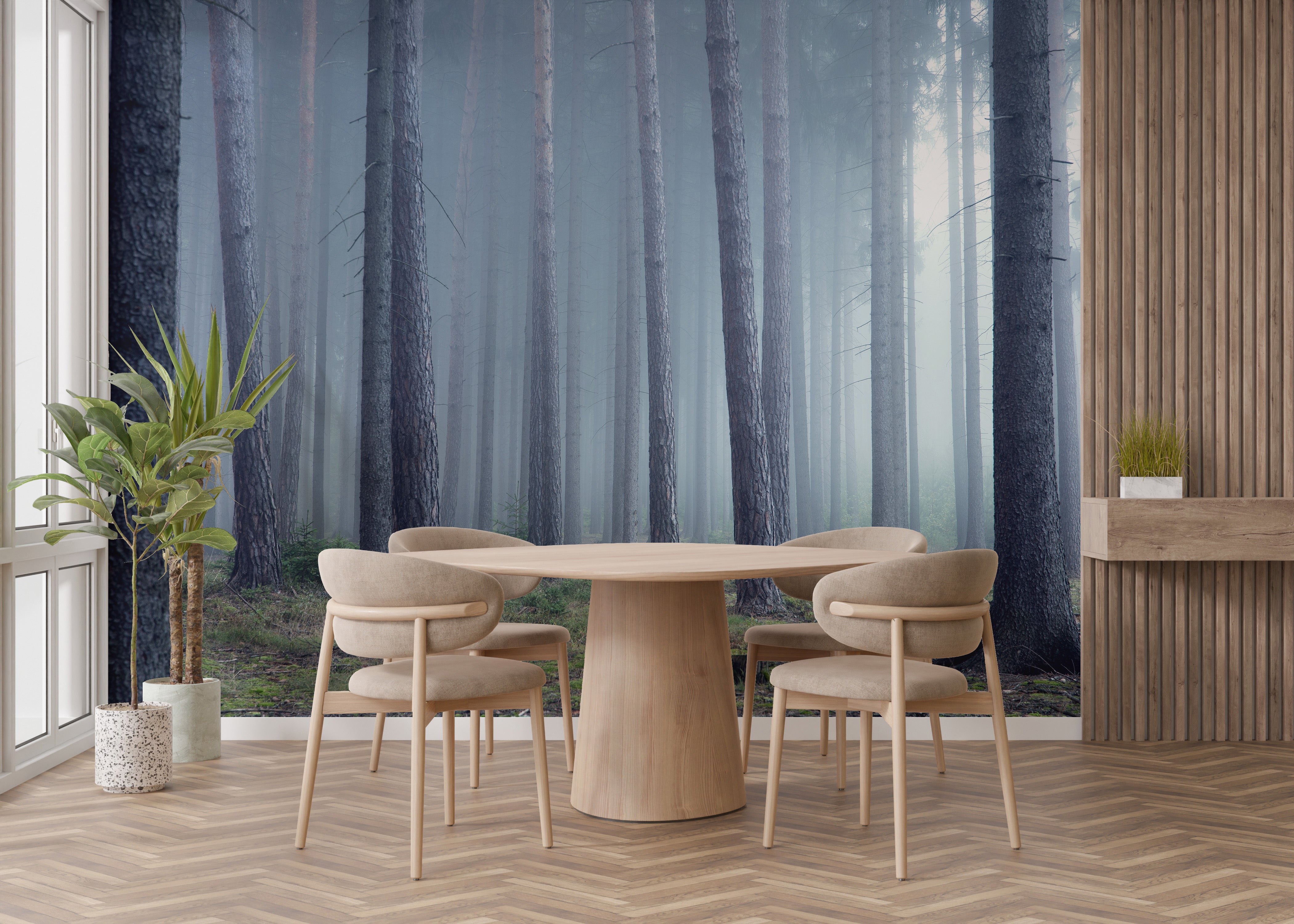 Mysterious misty forest mural for serene interior decor.
