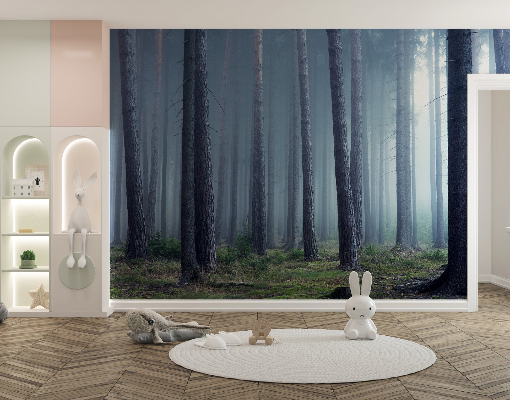 Misty forest wall mural with mysterious atmospheric design.
