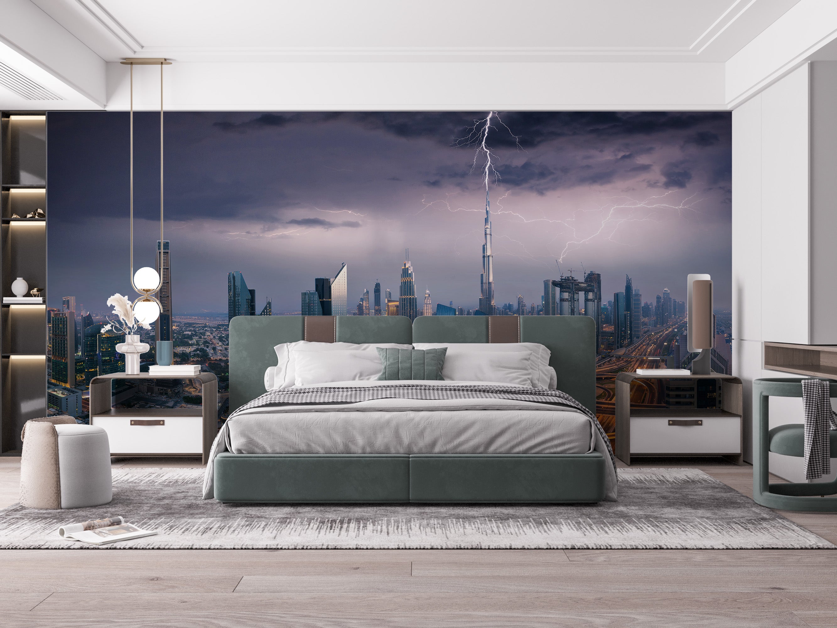 Dubai skyscrapers wallpaper mural showcasing urban luxury.
