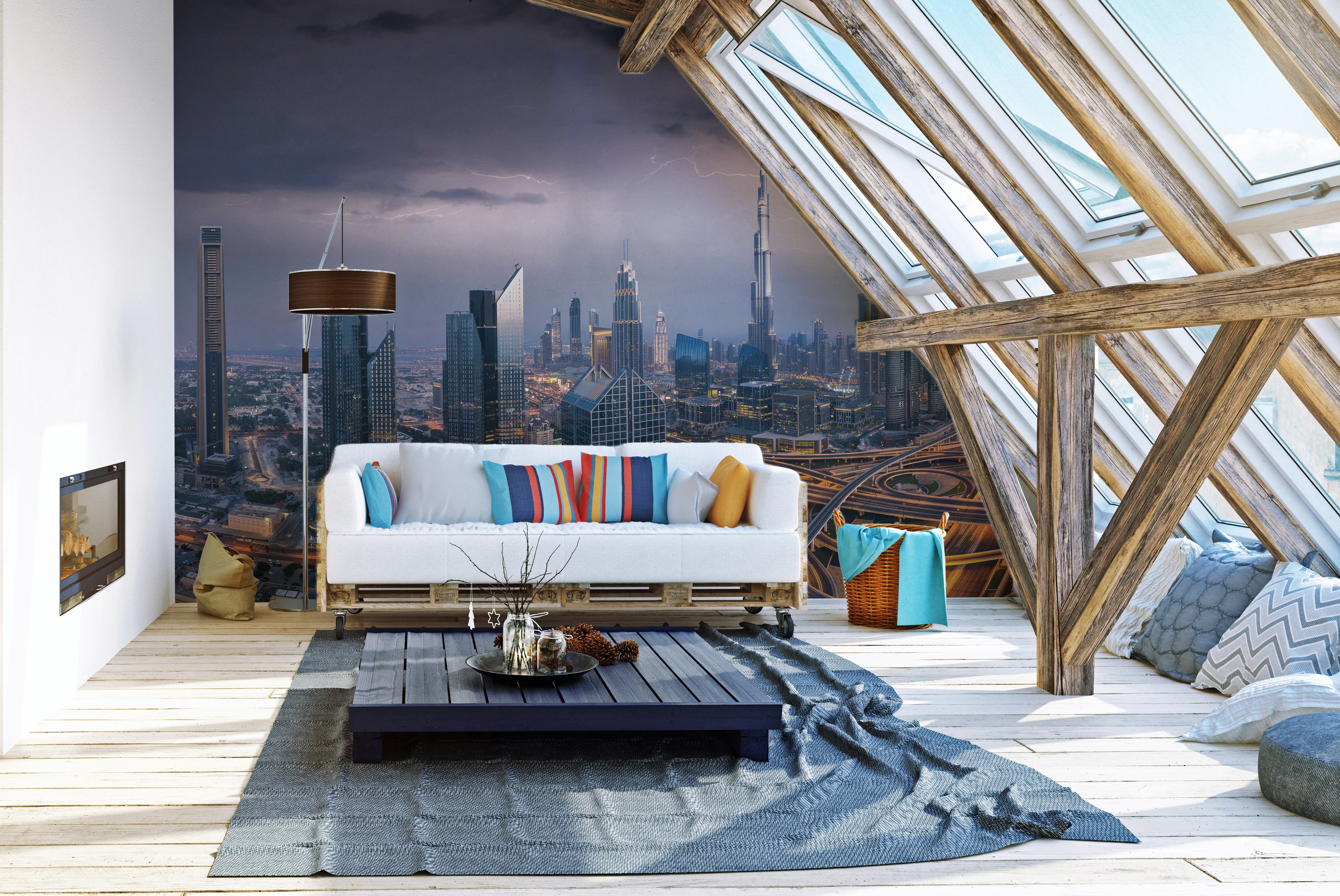 Dubai skyline wallpaper mural with urban architectural charm.
