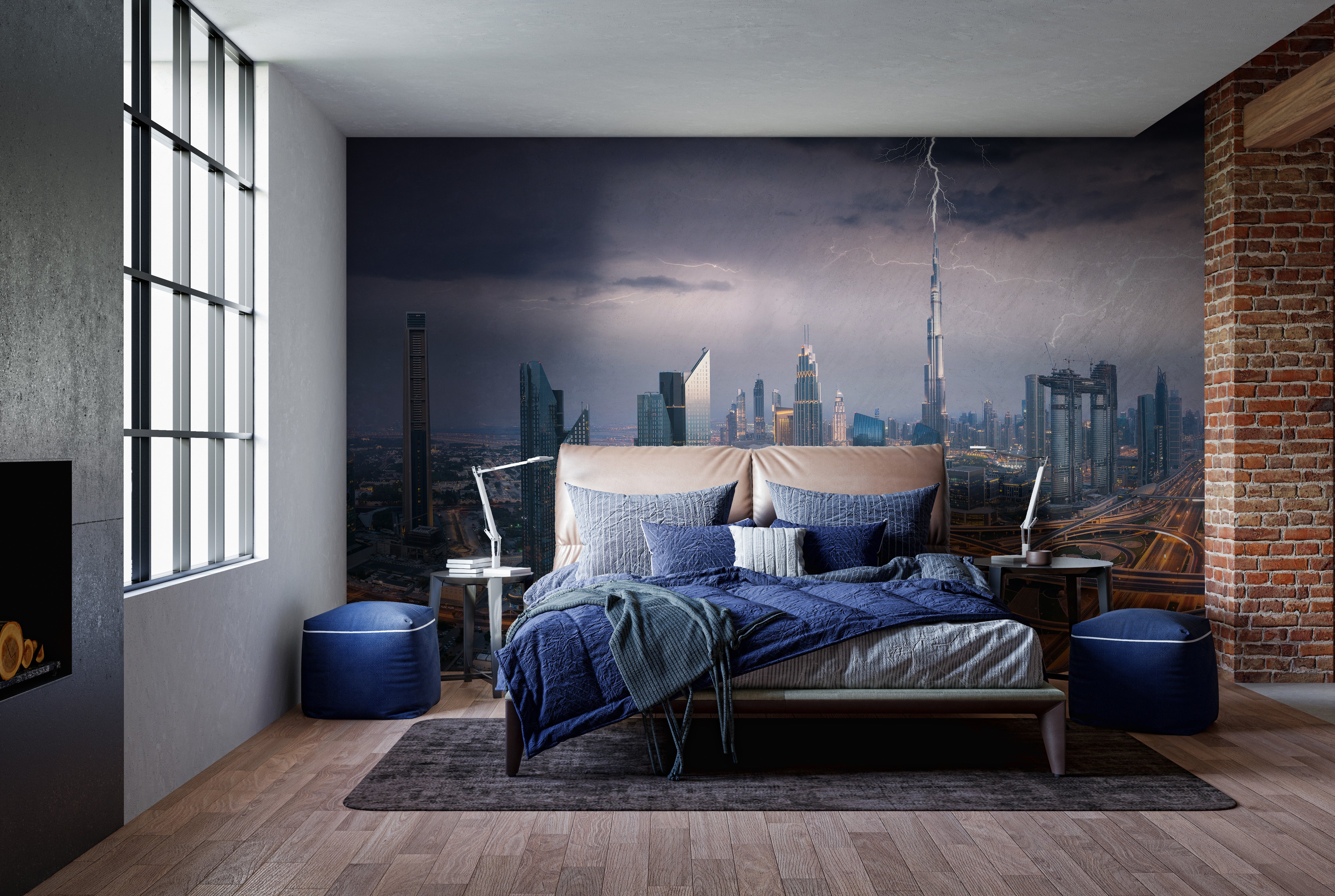 Iconic Dubai skyscrapers mural for city-inspired interiors.
