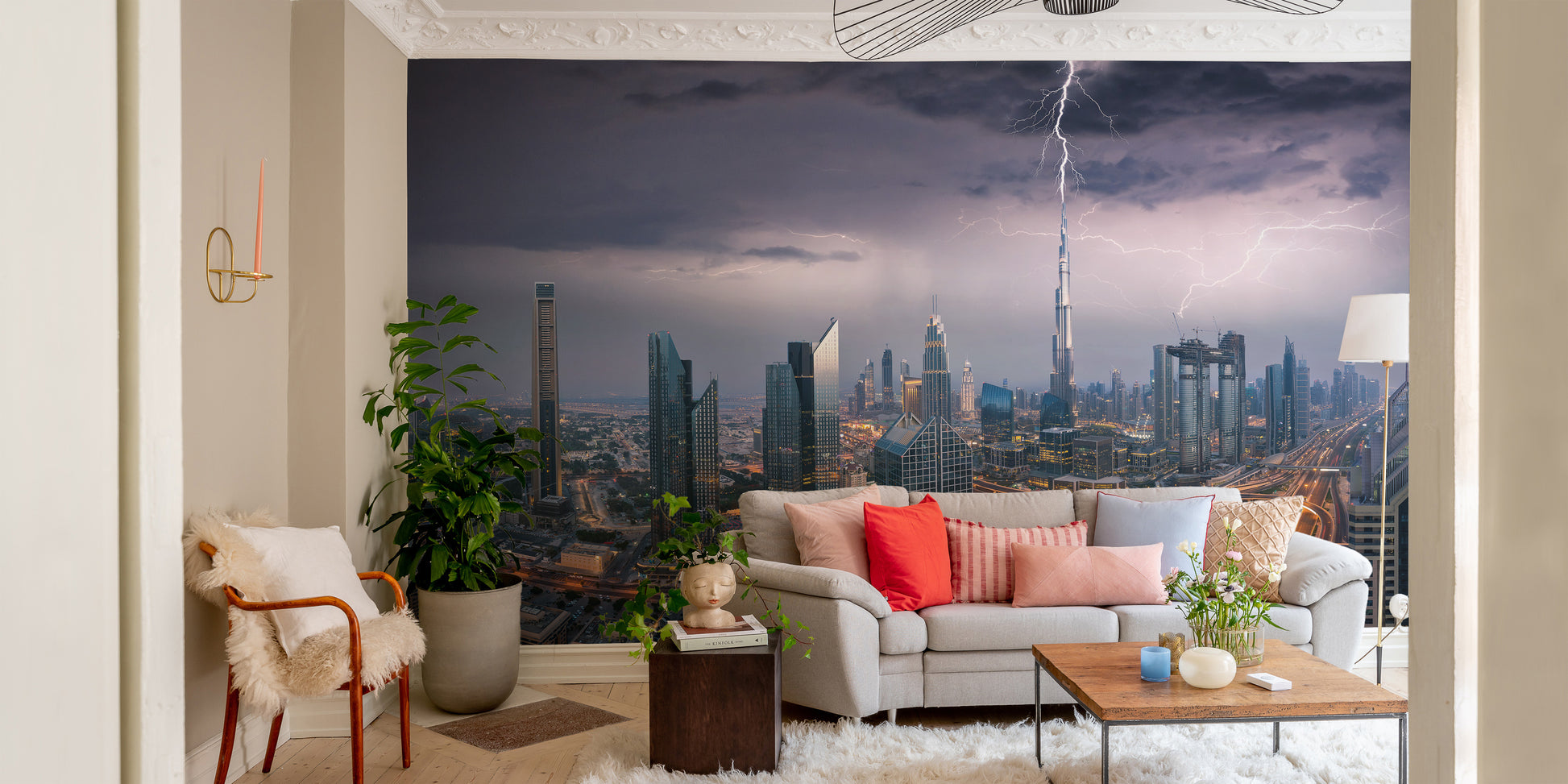 Elegant Dubai skyline mural with towering skyscrapers.
