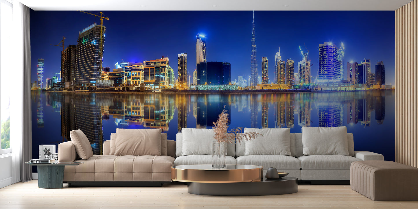 Urban elegance with a gorgeous Dubai cityscape mural.
